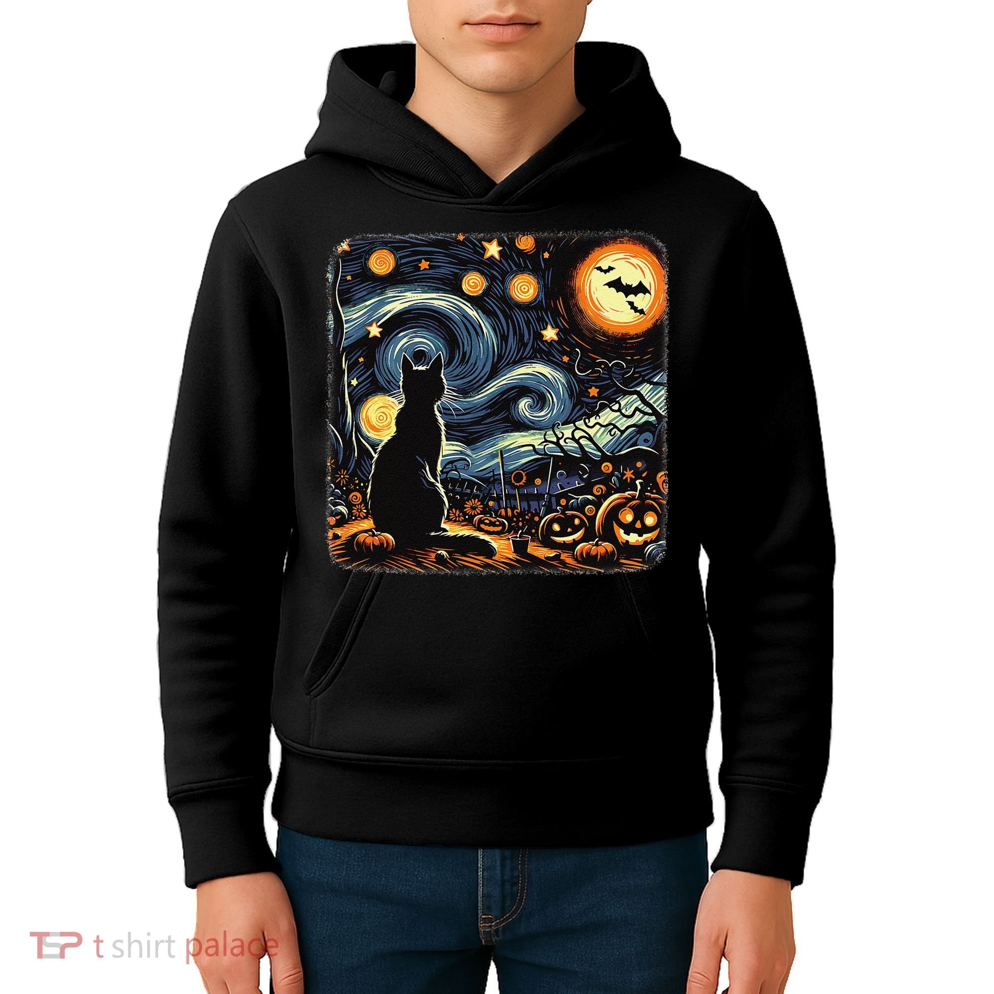 Halloween Van Gogh Starry Night Black Cat Pumpkins Bats Kids Hoodie