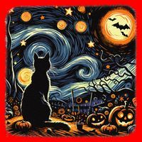 Halloween Van Gogh Starry Night Black Cat Pumpkins Bats Santa Hat thumb 1
