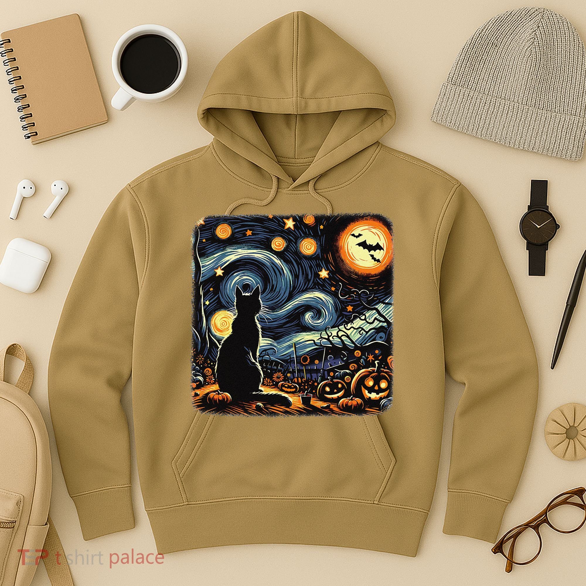 Halloween Van Gogh Starry Night Black Cat Pumpkins Bats Hoodie