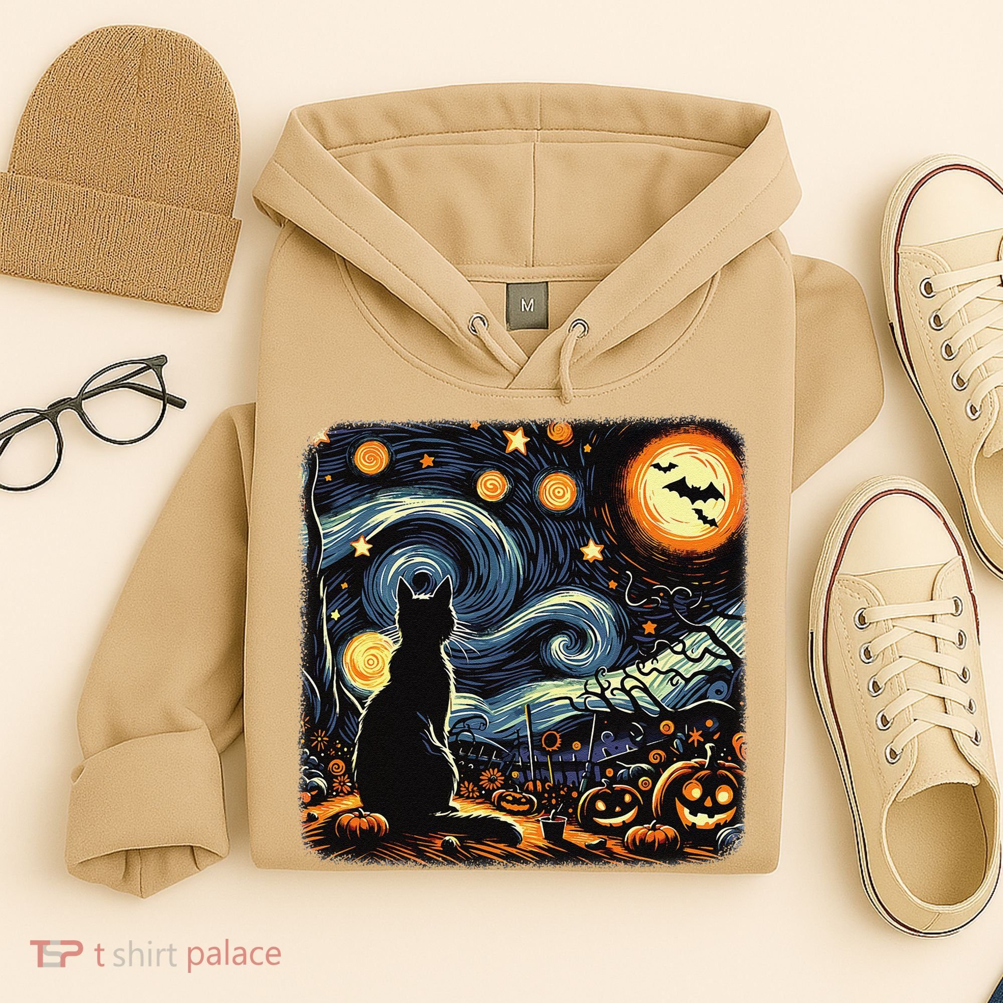 Halloween Van Gogh Starry Night Black Cat Pumpkins Bats Hoodie