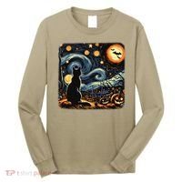 Halloween Van Gogh Starry Night Black Cat Pumpkins Bats Long Sleeve Shirt thumb 0