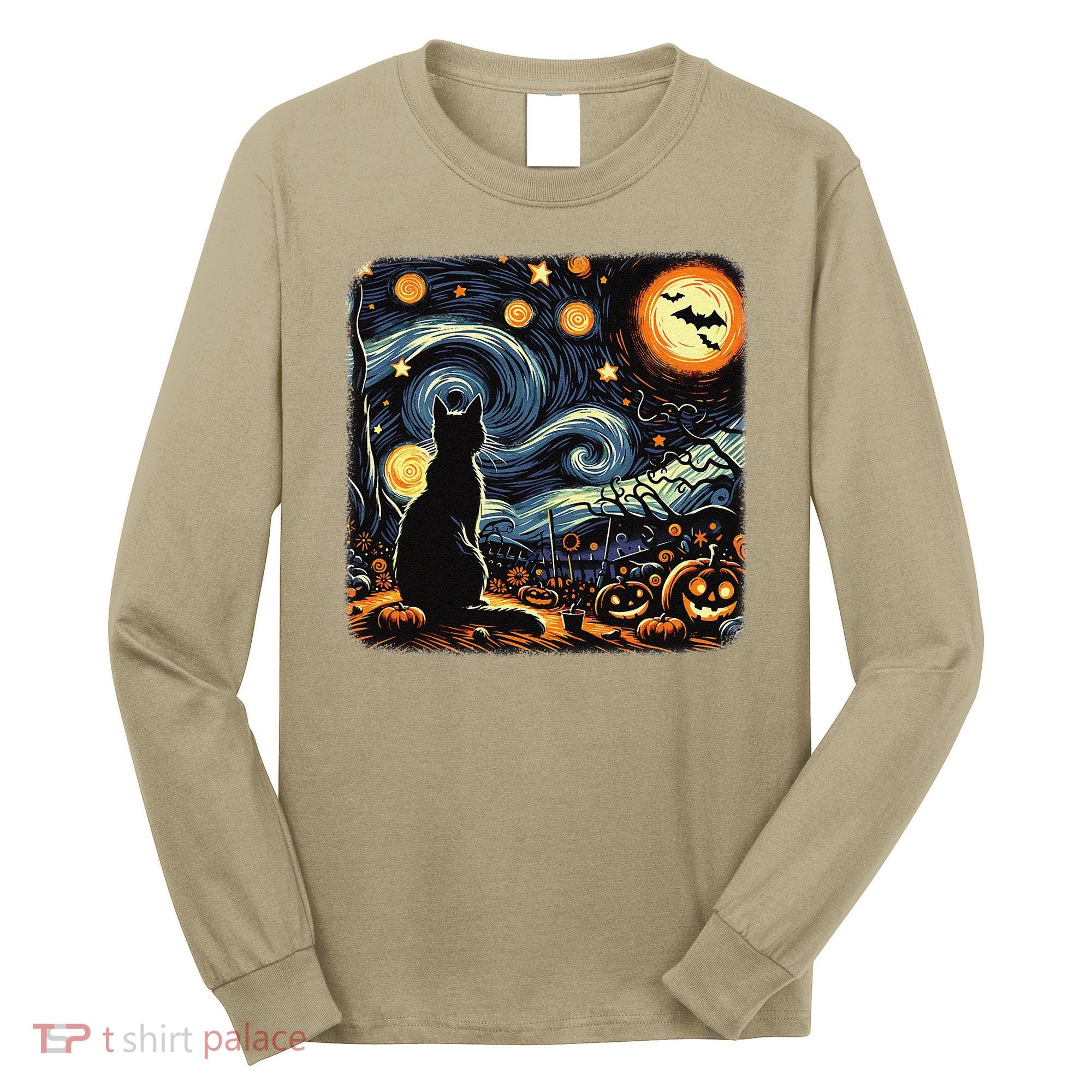 Halloween Van Gogh Starry Night Black Cat Pumpkins Bats Long Sleeve Shirt