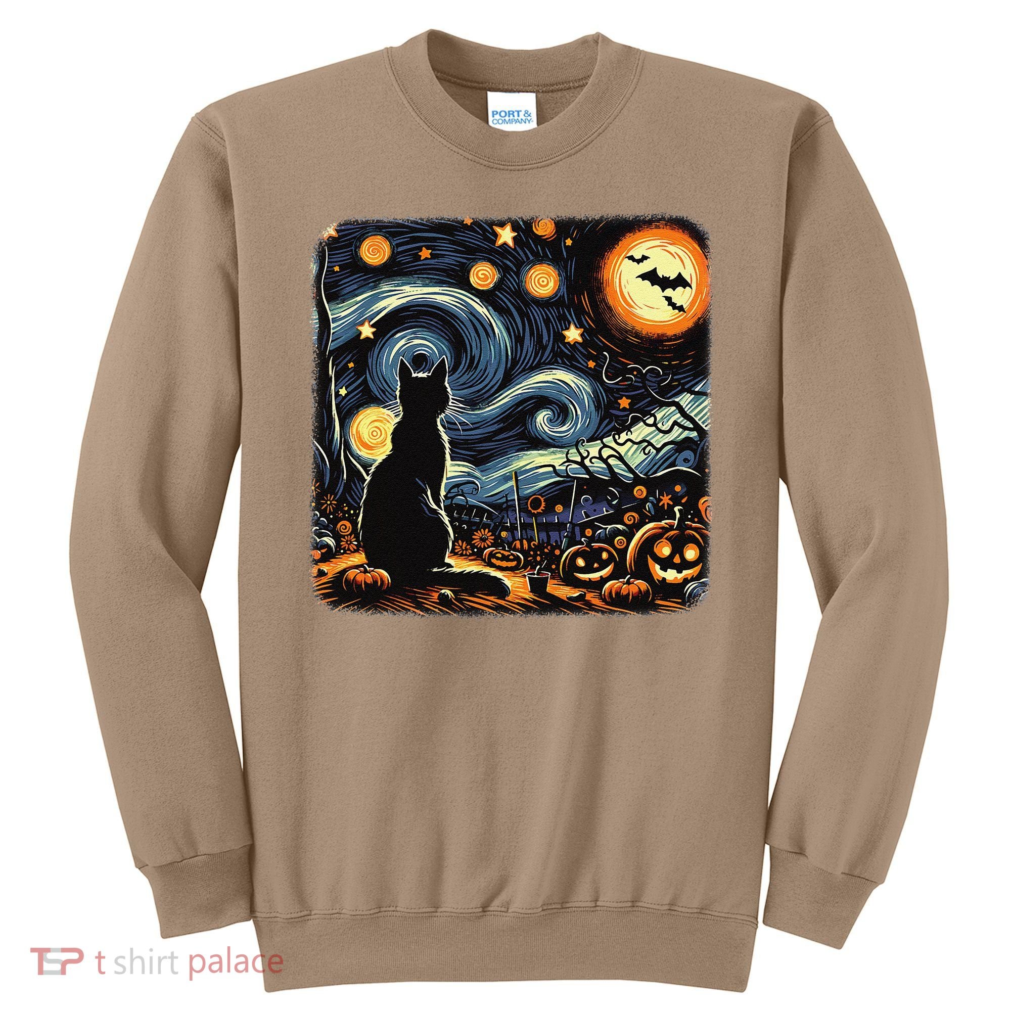 Halloween Van Gogh Starry Night Black Cat Pumpkins Bats Sweatshirt