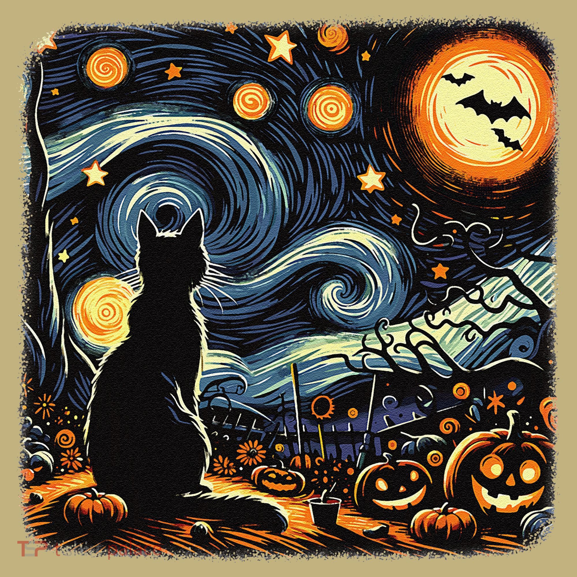 Halloween Van Gogh Starry Night Black Cat Pumpkins Bats Sweatshirt