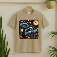 Halloween Van Gogh Starry Night Black Cat Pumpkins Bats T-Shirt thumb 2