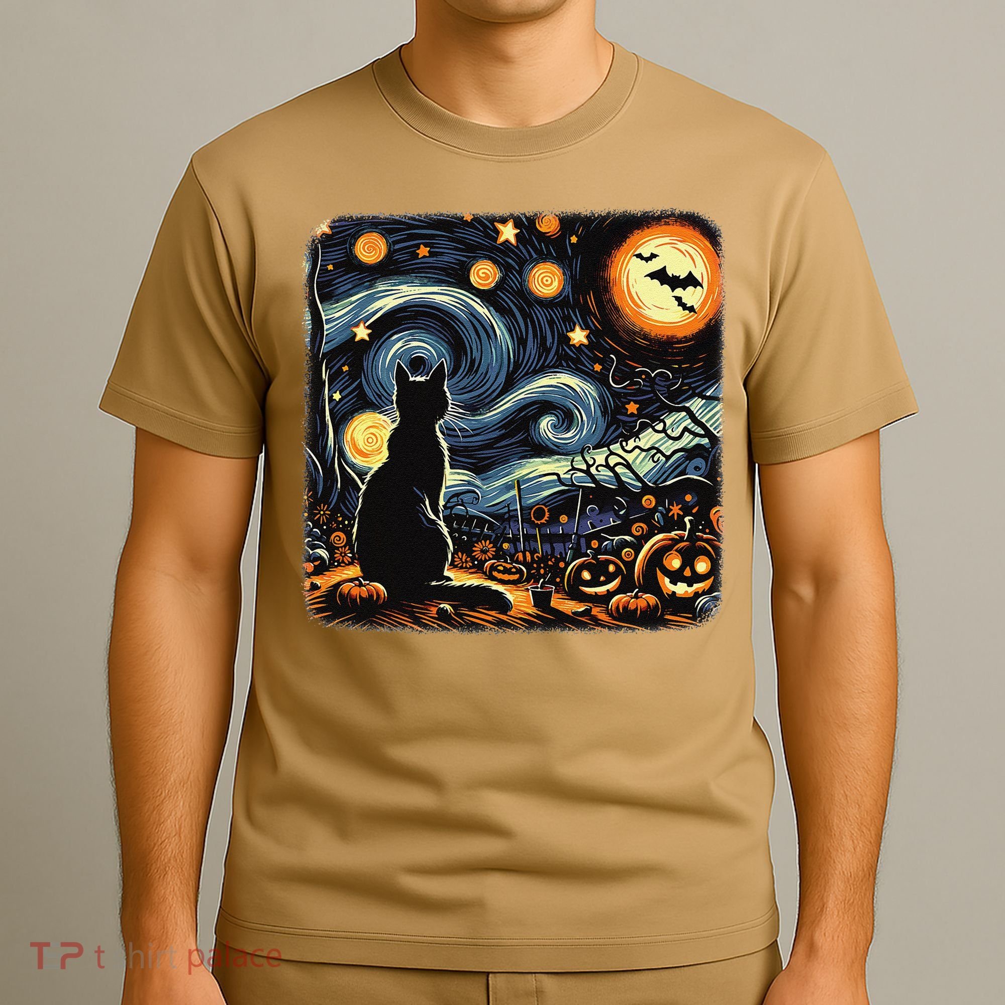 Halloween Van Gogh Starry Night Black Cat Pumpkins Bats T-Shirt