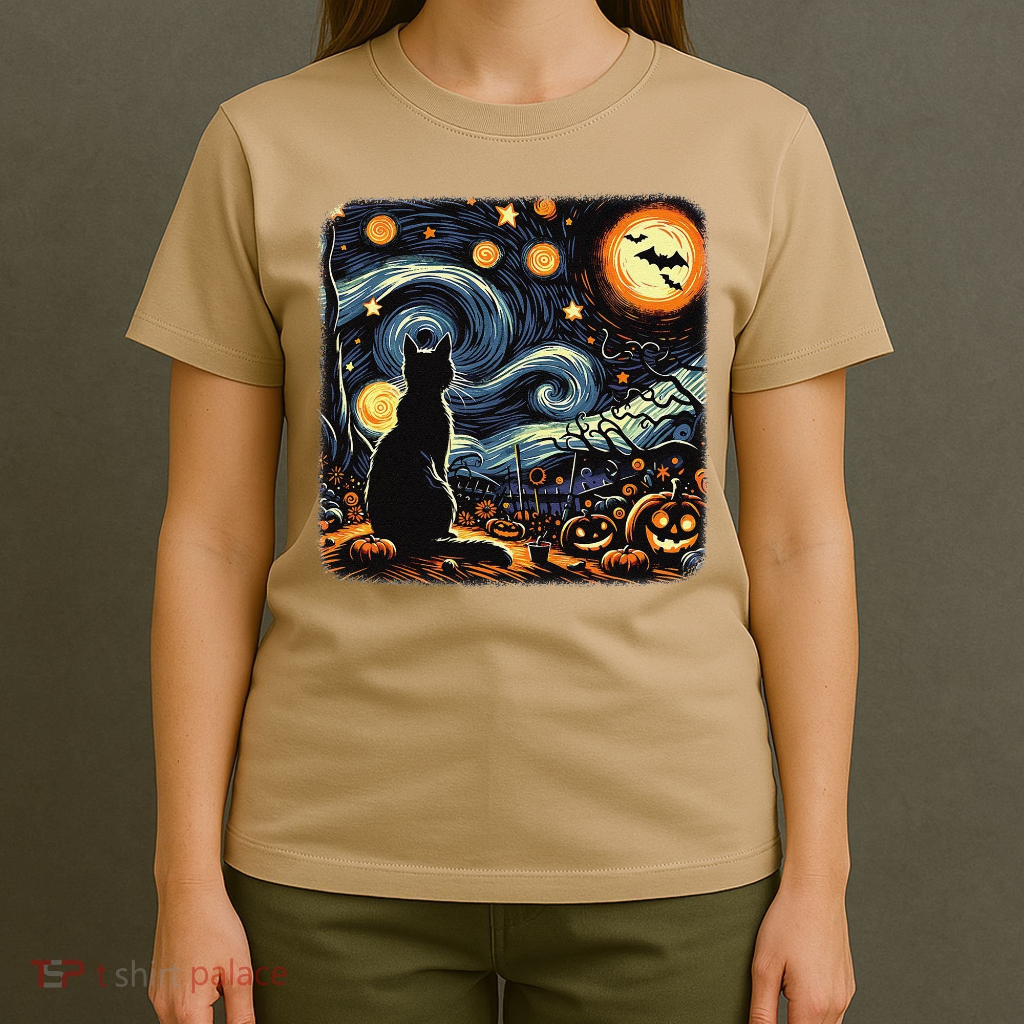 Halloween Van Gogh Starry Night Black Cat Pumpkins Bats T-Shirt