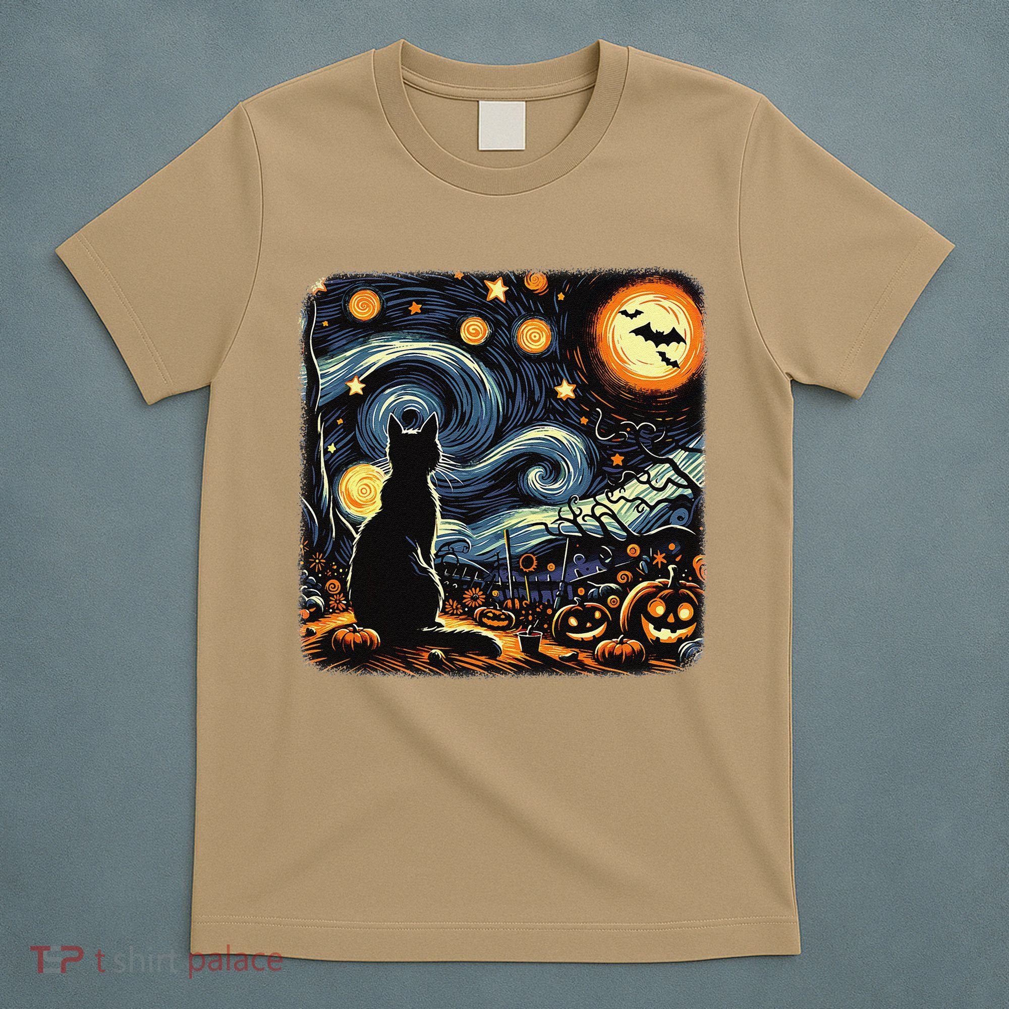 Halloween Van Gogh Starry Night Black Cat Pumpkins Bats T-Shirt