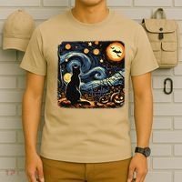 Halloween Van Gogh Starry Night Black Cat Pumpkins Bats T-Shirt thumb 6