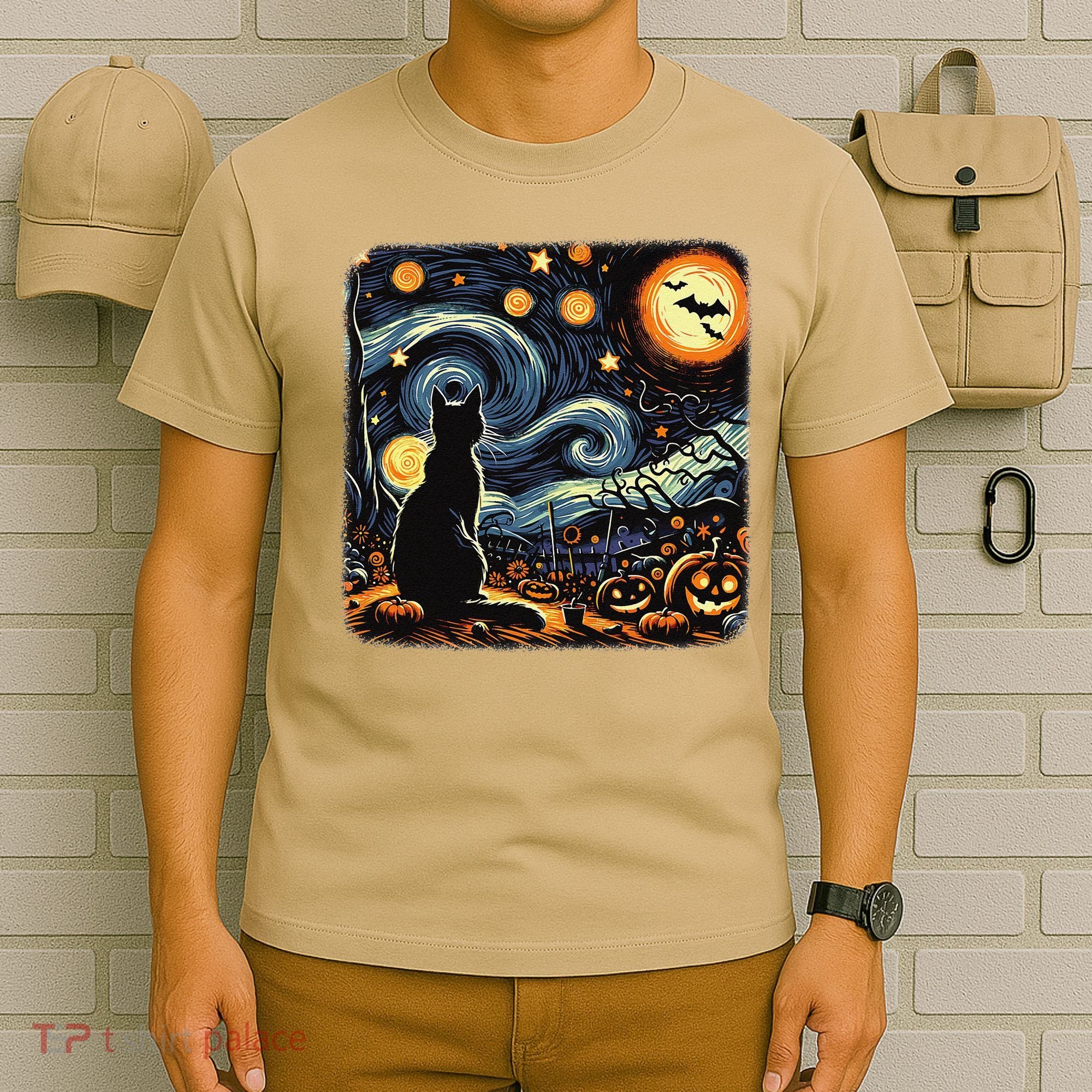 Halloween Van Gogh Starry Night Black Cat Pumpkins Bats T-Shirt