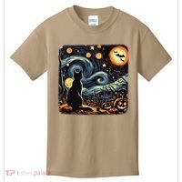 Halloween Van Gogh Starry Night Black Cat Pumpkins Bats Kids T-Shirt thumb 0
