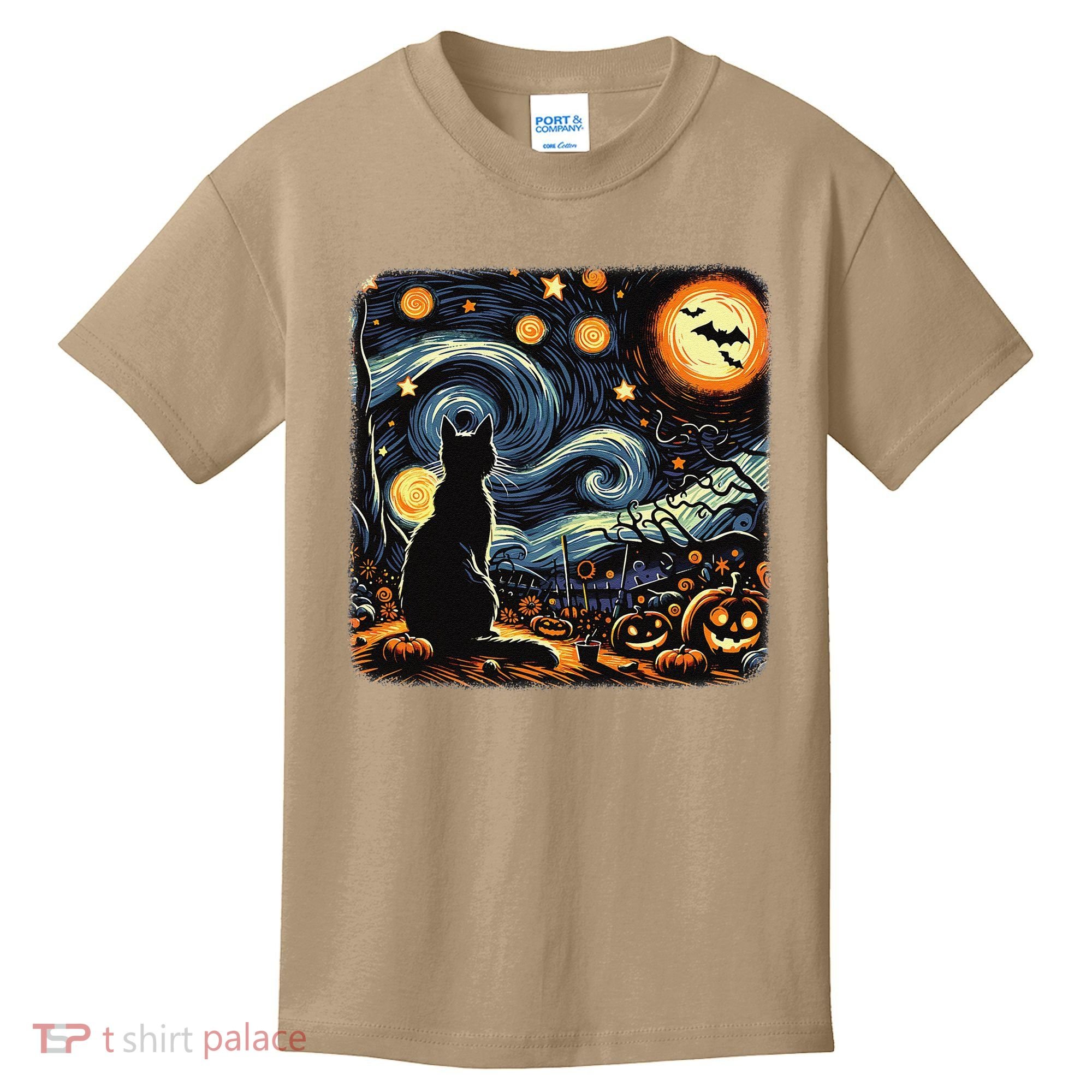 Halloween Van Gogh Starry Night Black Cat Pumpkins Bats Kids T-Shirt