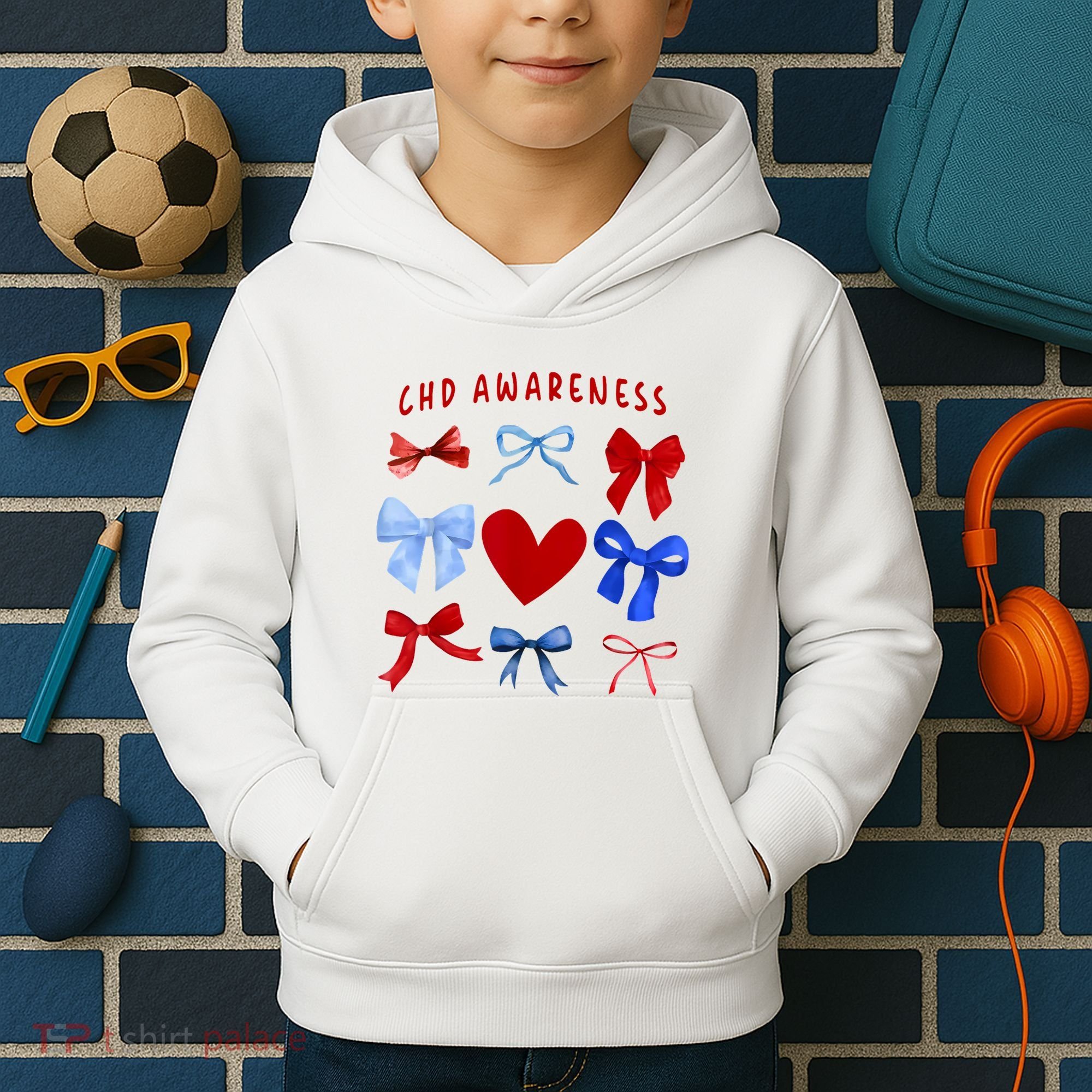 Heart Warrior Chd Awareness Heart Disease Coquette Bow Kids Hoodie