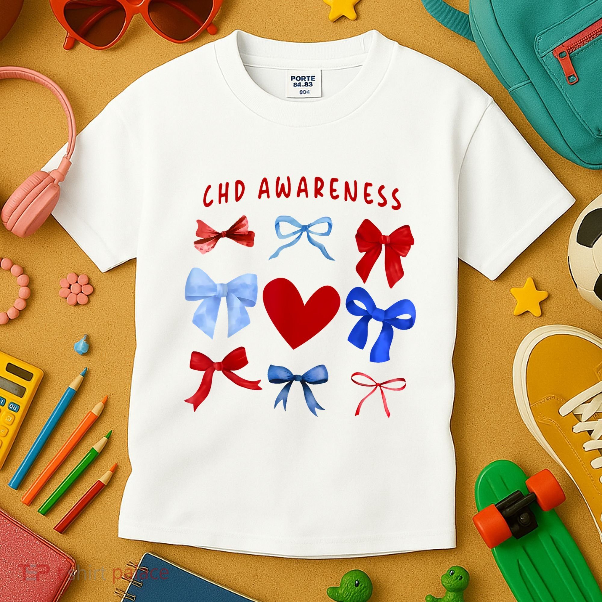 Heart Warrior Chd Awareness Heart Disease Coquette Bow Kids T-Shirt