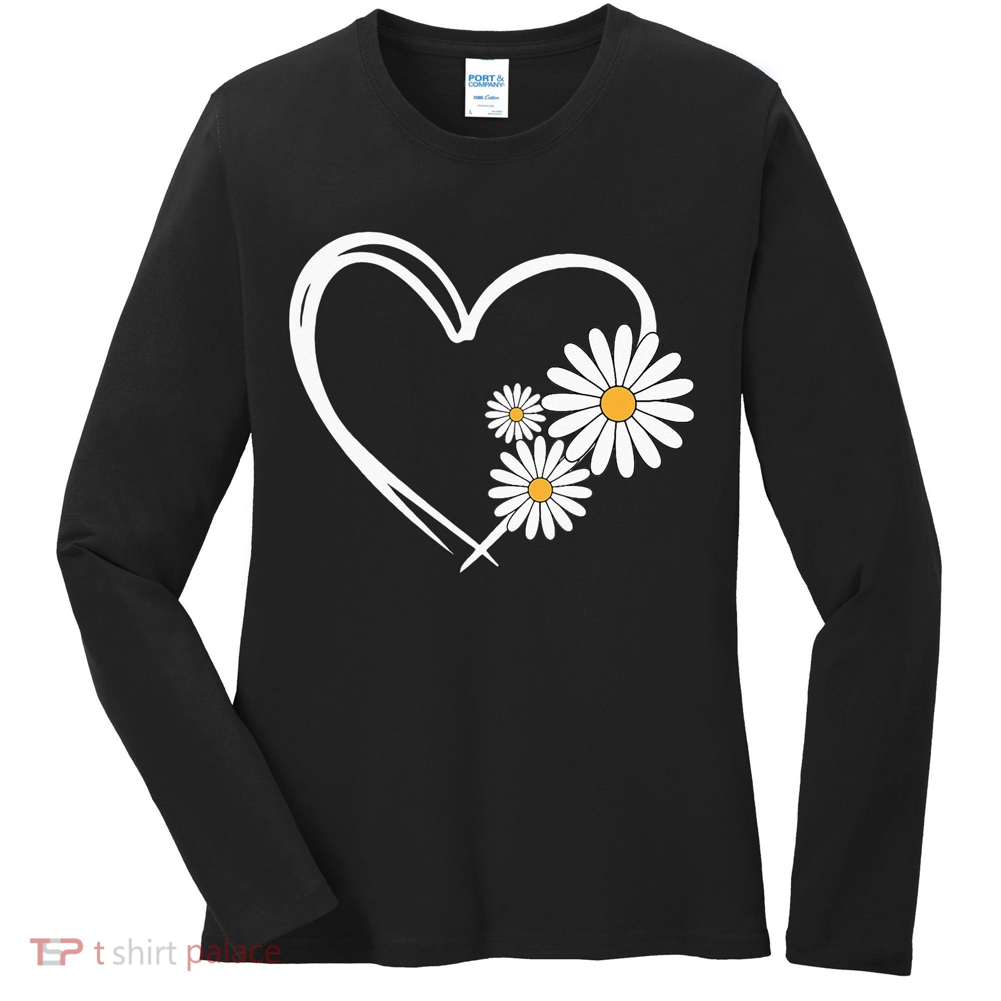 Heart With Daisy Flowers Daisies With Heart Outline Women's Long Sleeve Shirt