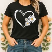 Heart With Daisy Flowers Daisies With Heart Outline Women's T-Shirt thumb 2
