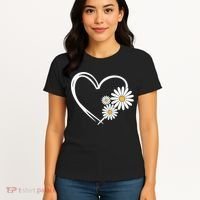 Heart With Daisy Flowers Daisies With Heart Outline Women's T-Shirt thumb 4
