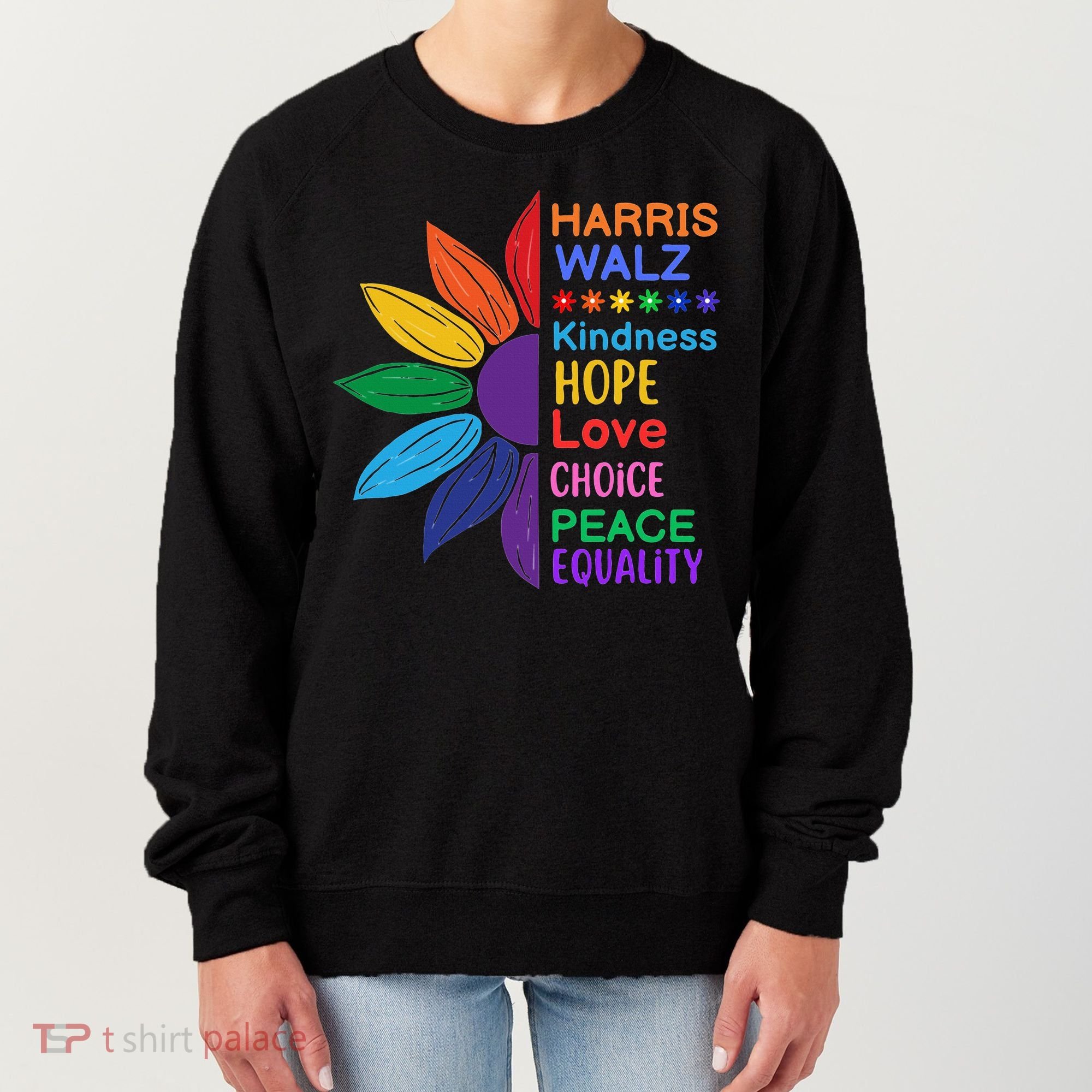 Harris Walz Diversity Rainbow Daisy Sunflower Vote Blue Women's Sweatshirt
