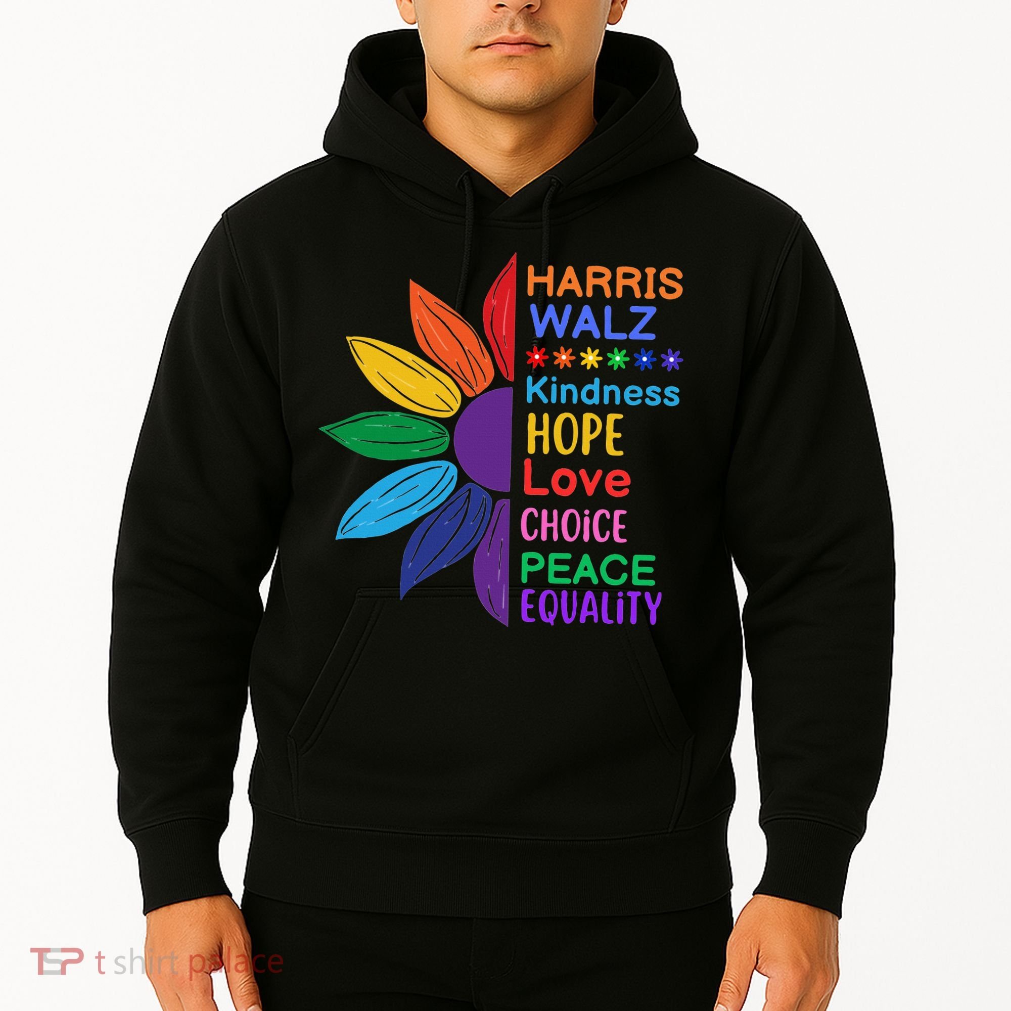 Harris Walz Diversity Rainbow Daisy Sunflower Vote Blue Hoodie