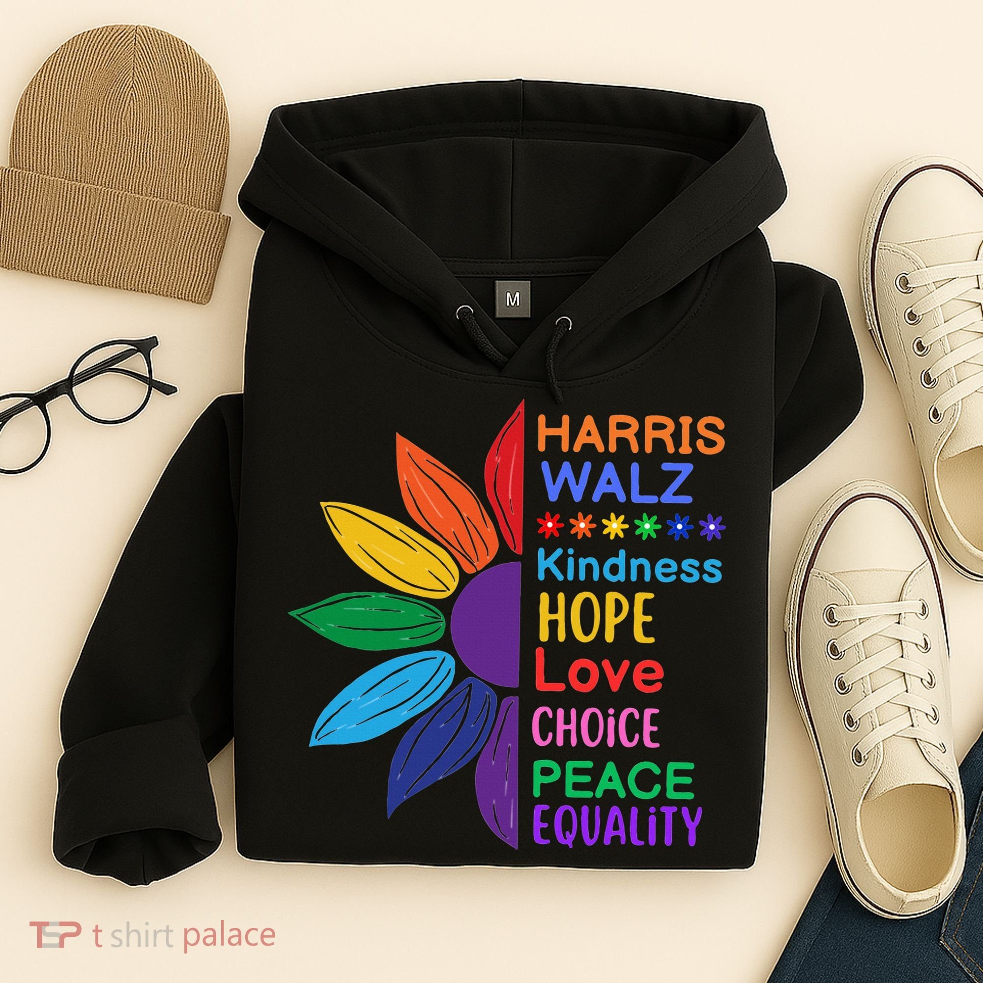 Harris Walz Diversity Rainbow Daisy Sunflower Vote Blue Hoodie