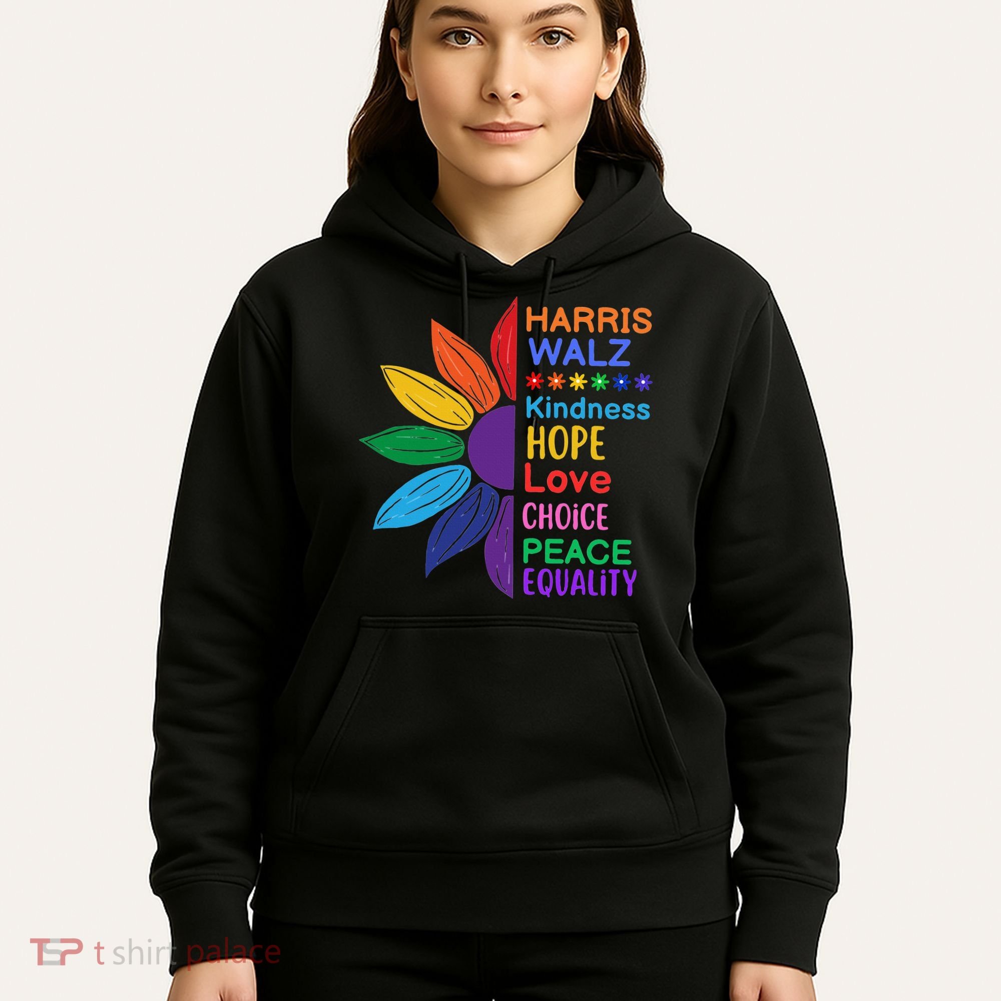 Harris Walz Diversity Rainbow Daisy Sunflower Vote Blue Hoodie