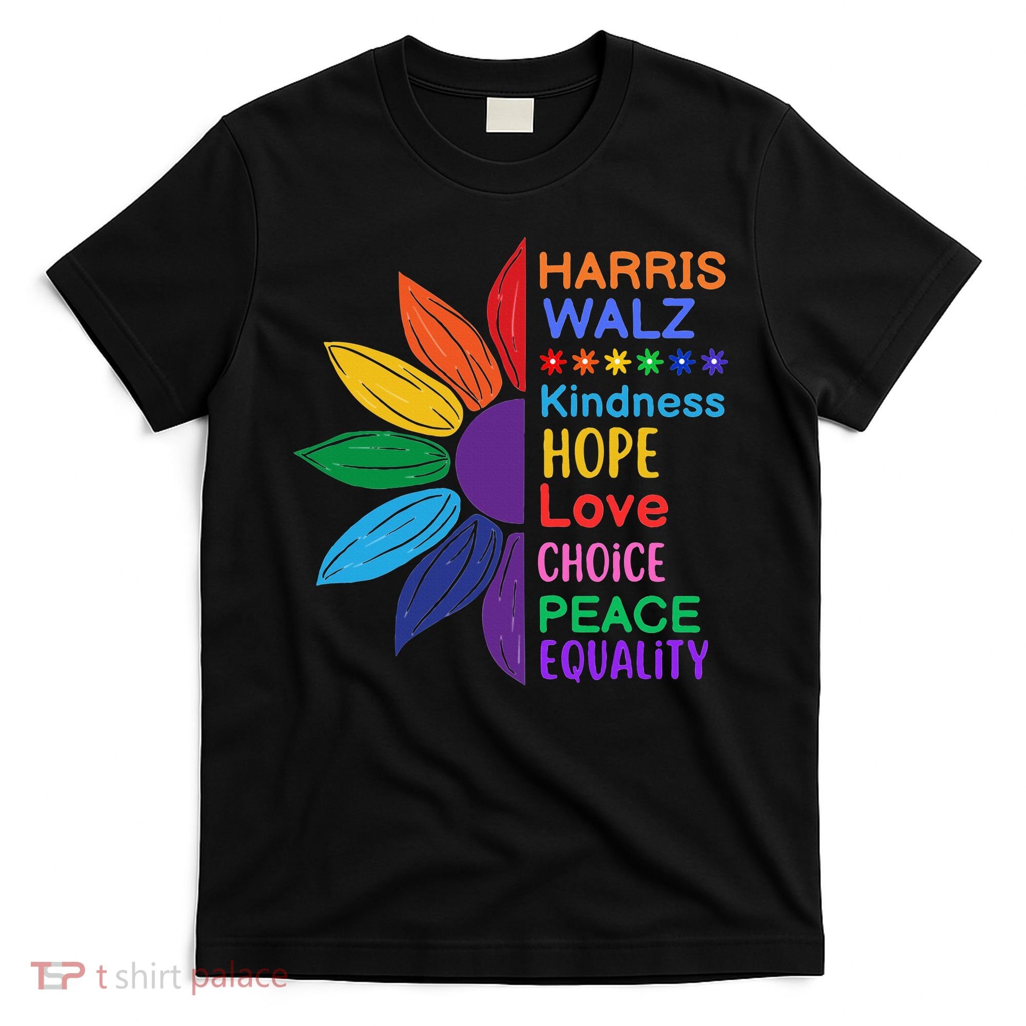 Harris Walz Diversity Rainbow Daisy Sunflower Vote Blue T-Shirt