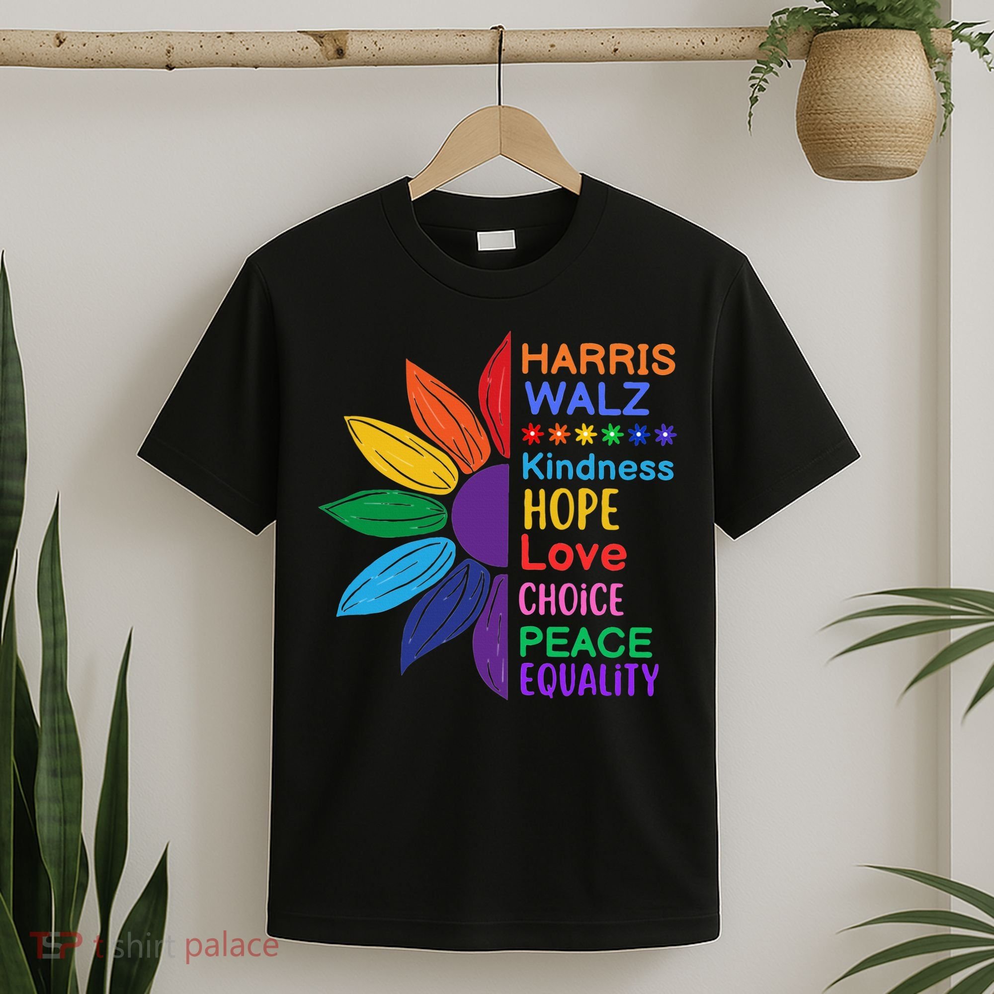 Harris Walz Diversity Rainbow Daisy Sunflower Vote Blue T-Shirt