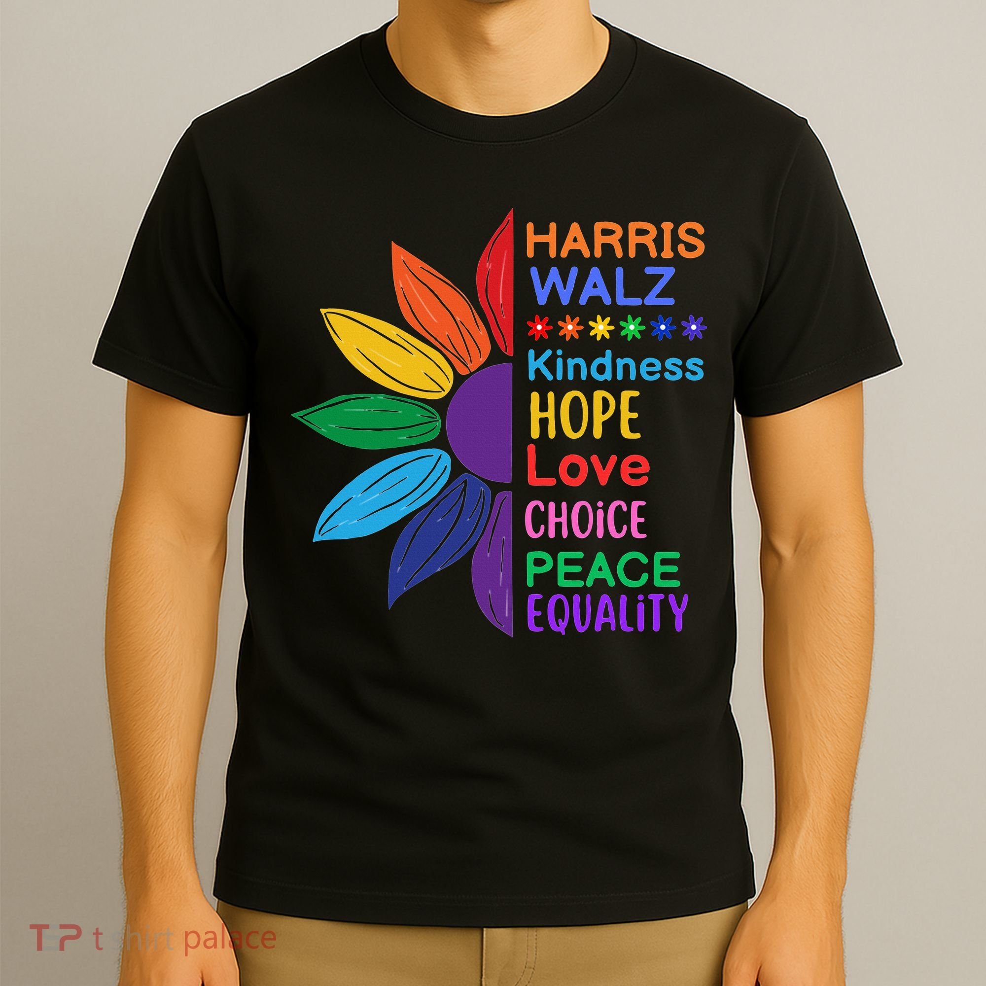 Harris Walz Diversity Rainbow Daisy Sunflower Vote Blue T-Shirt