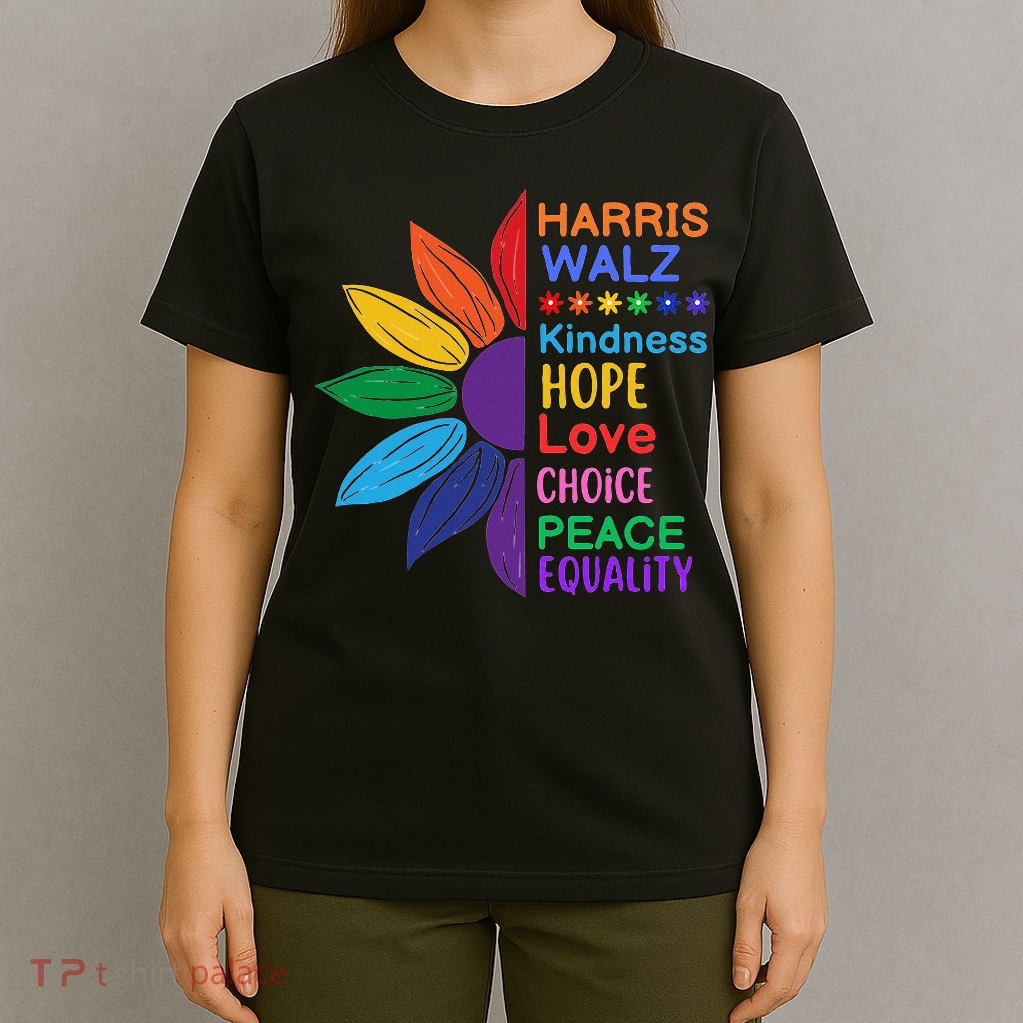 Harris Walz Diversity Rainbow Daisy Sunflower Vote Blue T-Shirt