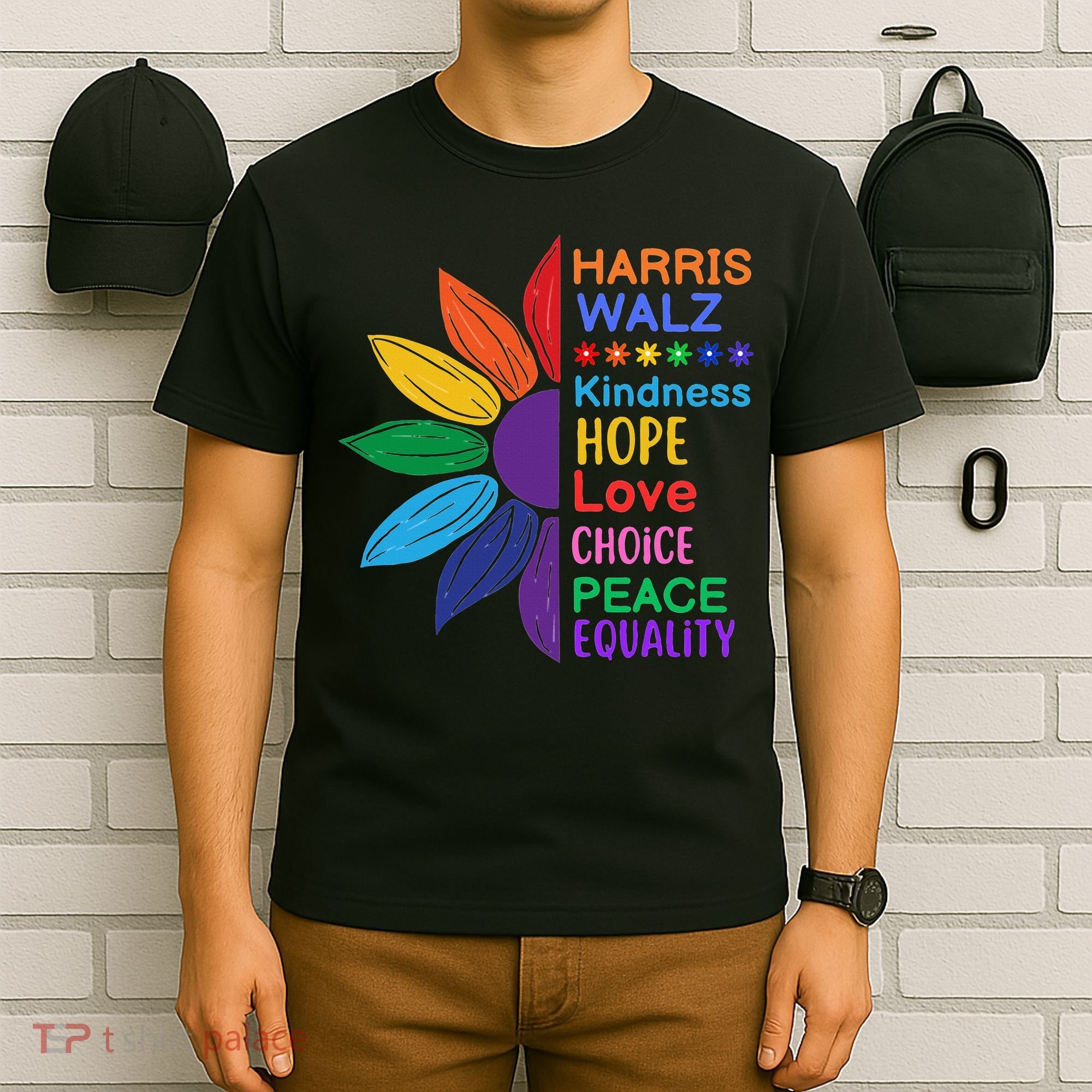 Harris Walz Diversity Rainbow Daisy Sunflower Vote Blue T-Shirt