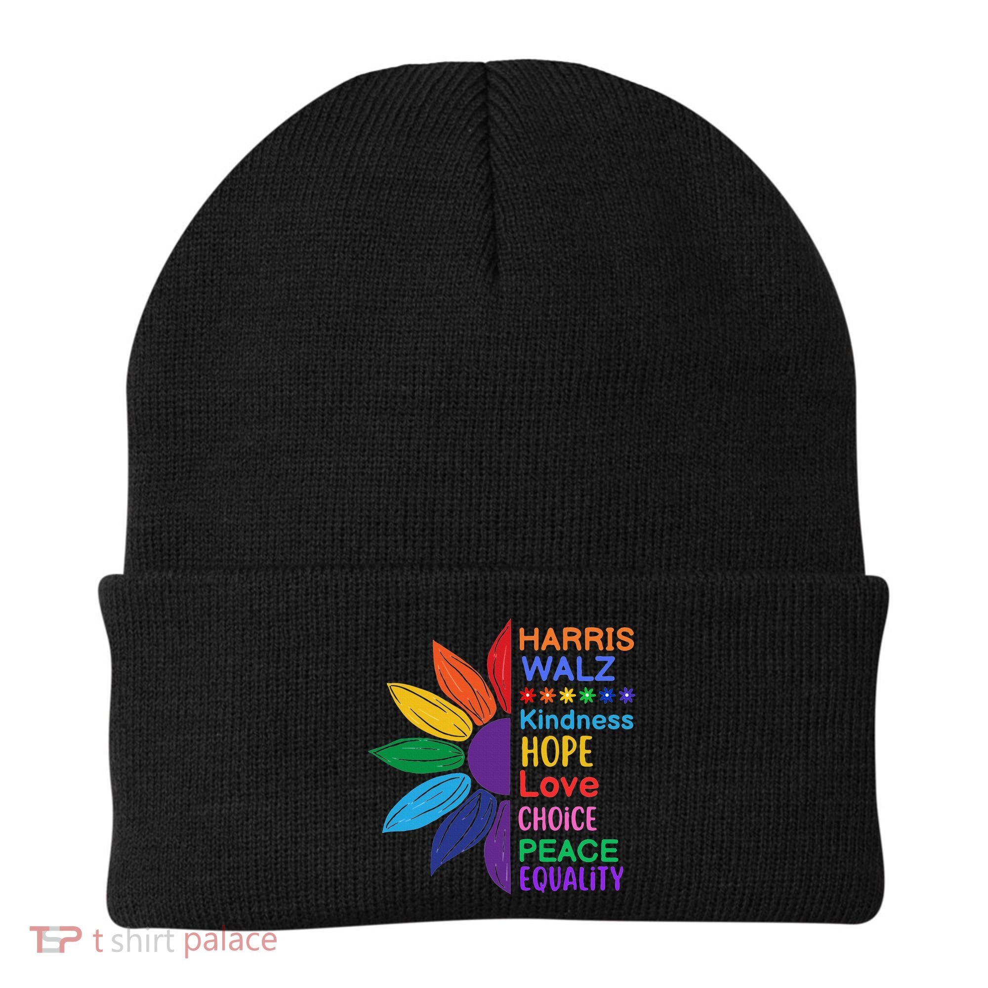 Harris Walz Diversity Rainbow Daisy Sunflower Vote Blue Beanie