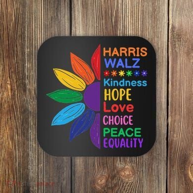 Harris Walz Diversity Rainbow Daisy Sunflower Vote Blue Coaster