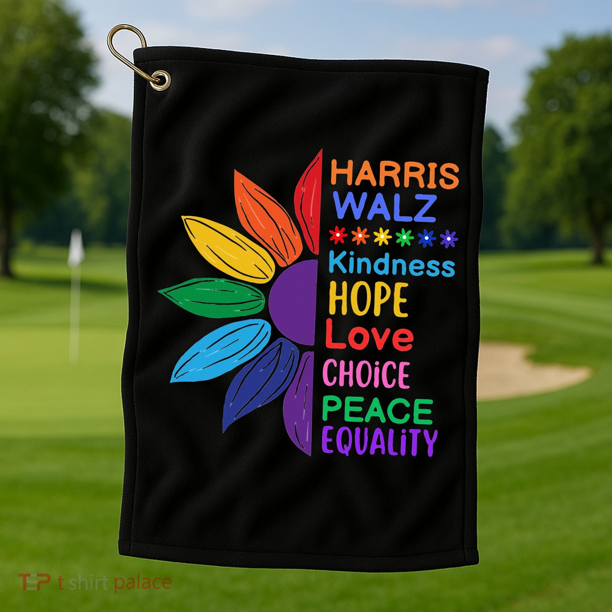 Harris Walz Diversity Rainbow Daisy Sunflower Vote Blue Golf Towel