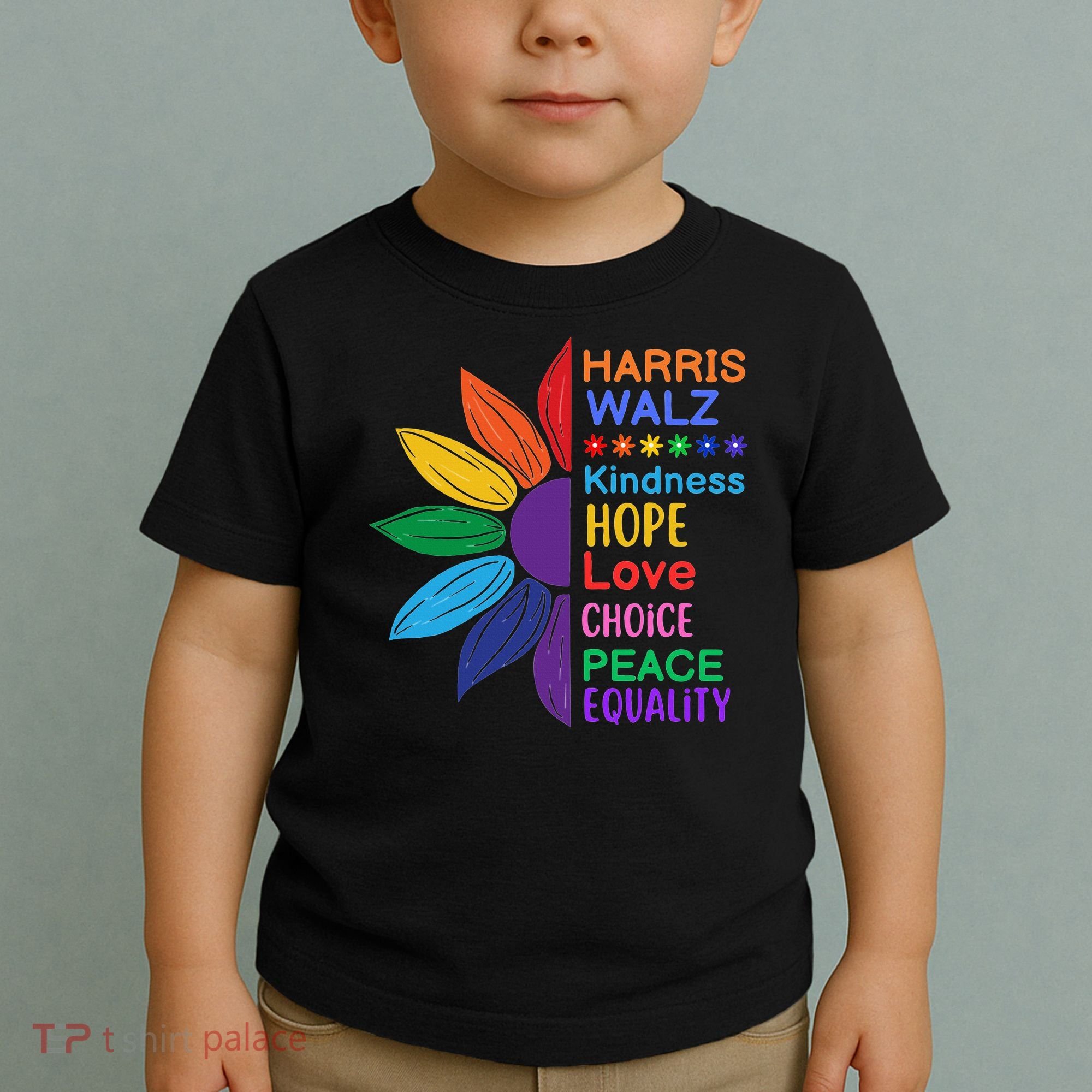 Harris Walz Diversity Rainbow Daisy Sunflower Vote Blue Toddler T-Shirt