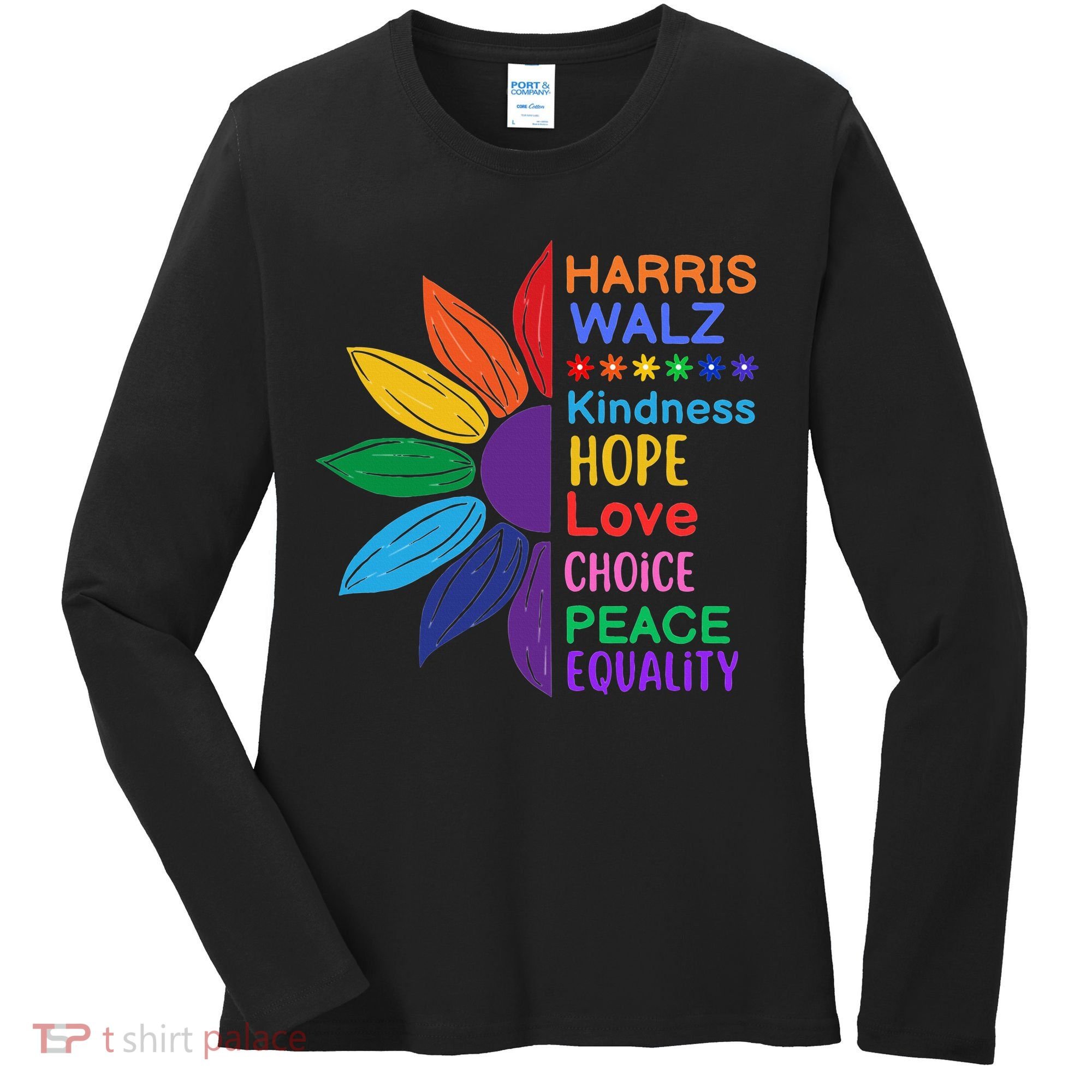 Harris Walz Diversity Rainbow Daisy Sunflower Vote Blue Women's Long Sleeve Shirt