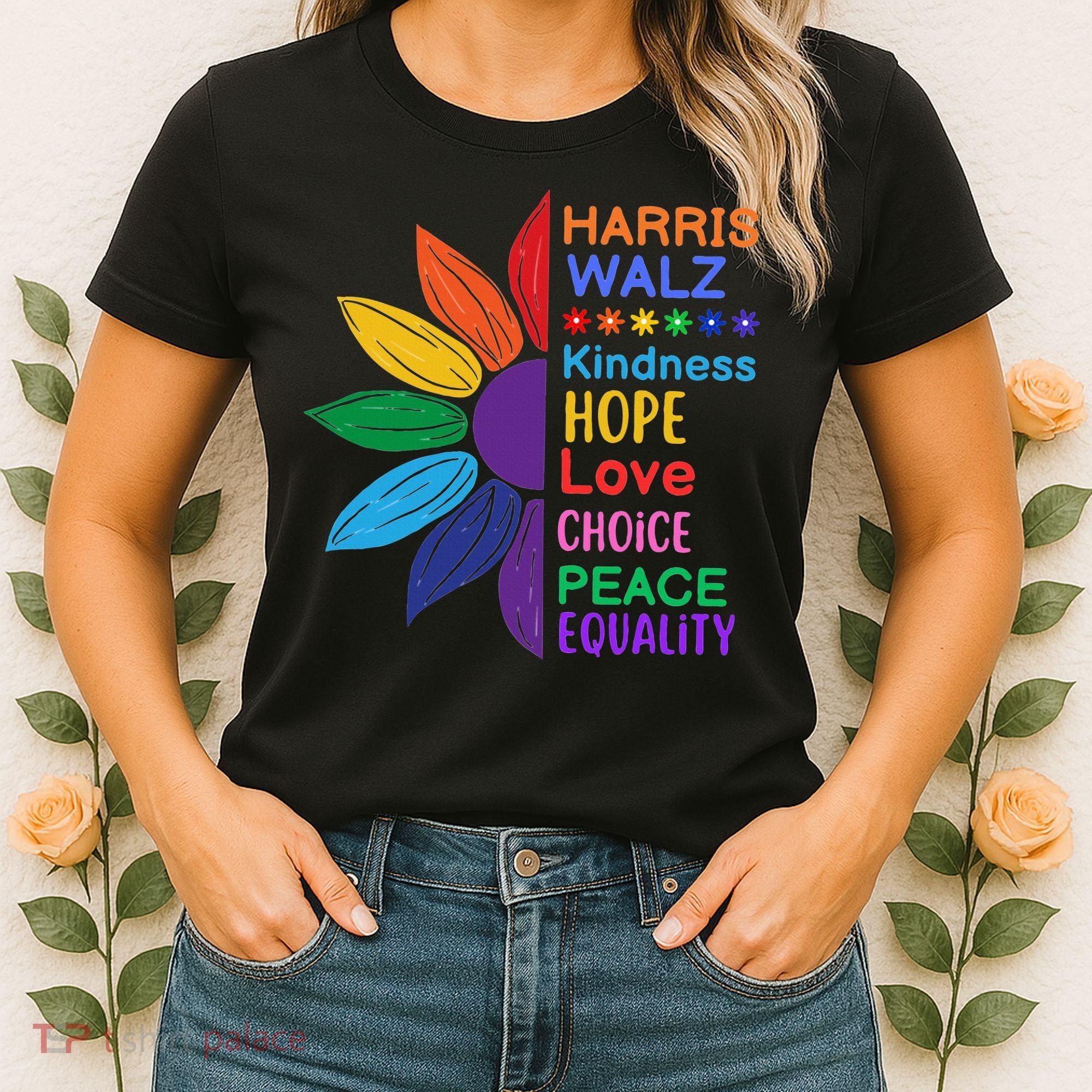 Harris Walz Diversity Rainbow Daisy Sunflower Vote Blue Women's T-Shirt