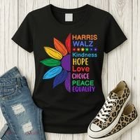 Harris Walz Diversity Rainbow Daisy Sunflower Vote Blue Women's T-Shirt thumb 3