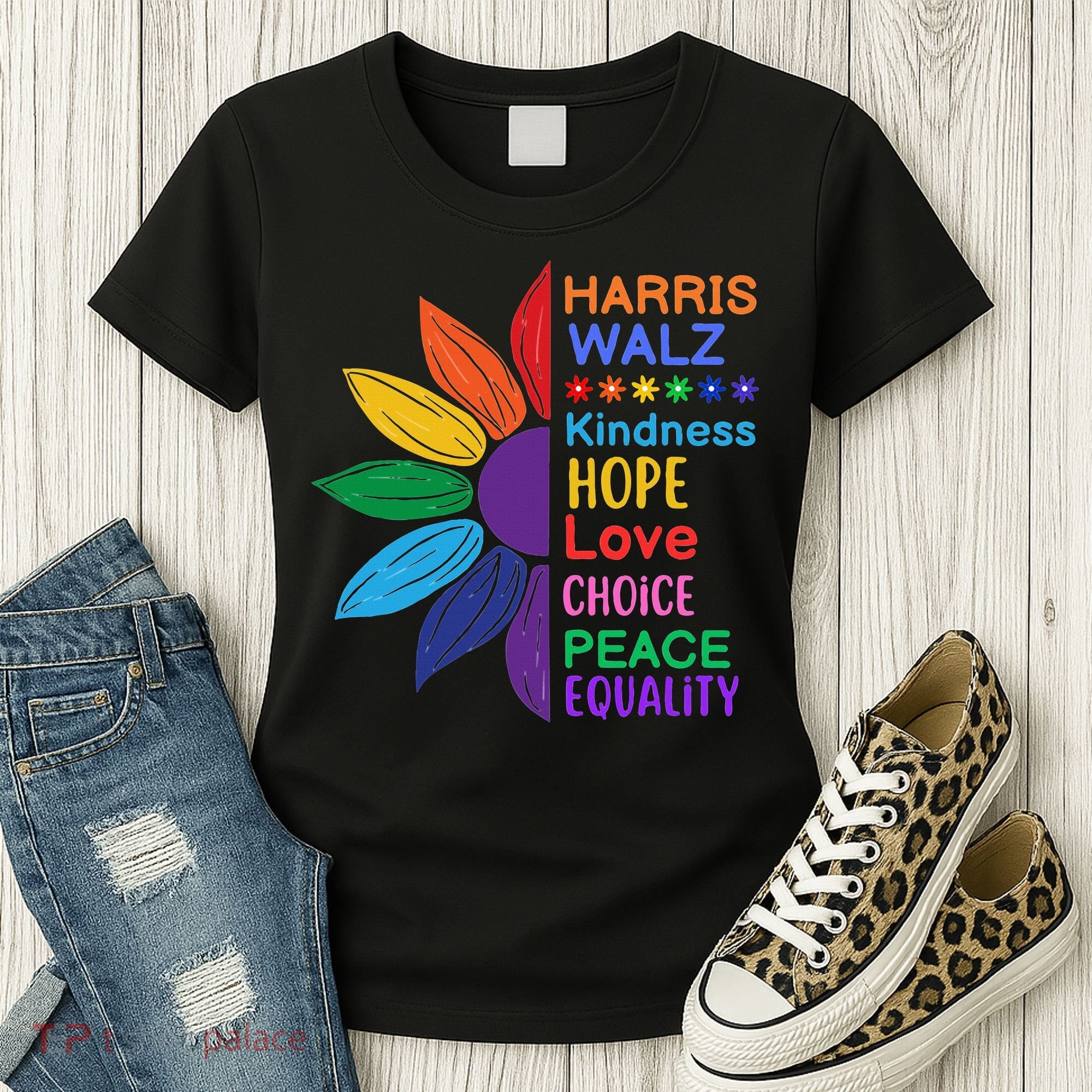 Harris Walz Diversity Rainbow Daisy Sunflower Vote Blue Women's T-Shirt