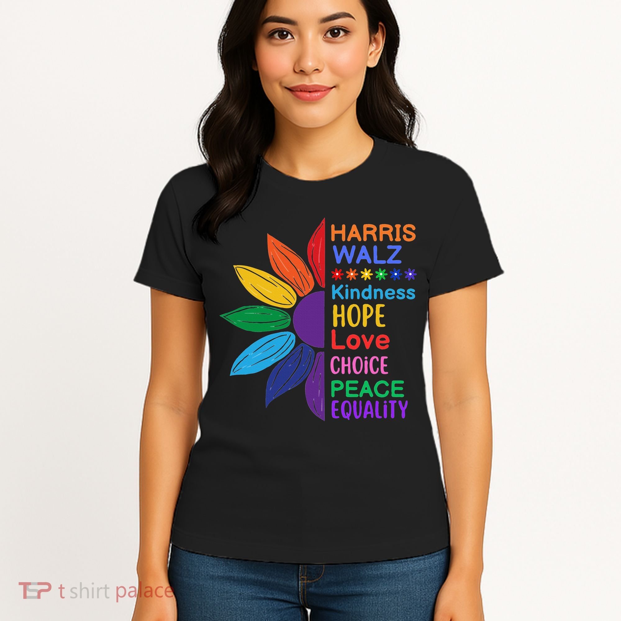 Harris Walz Diversity Rainbow Daisy Sunflower Vote Blue Women's T-Shirt