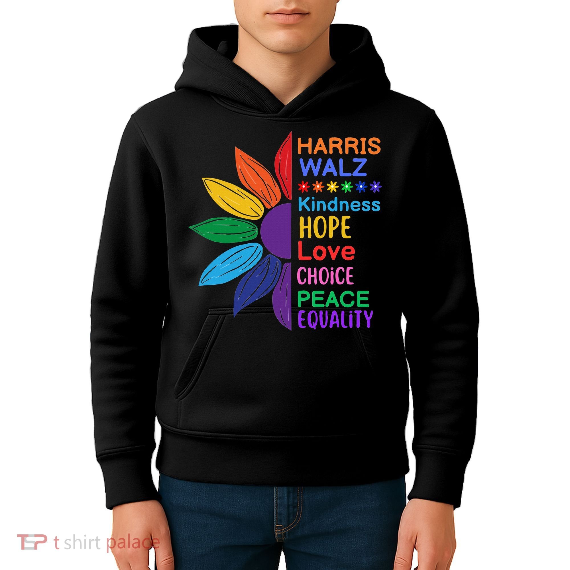 Harris Walz Diversity Rainbow Daisy Sunflower Vote Blue Kids Hoodie