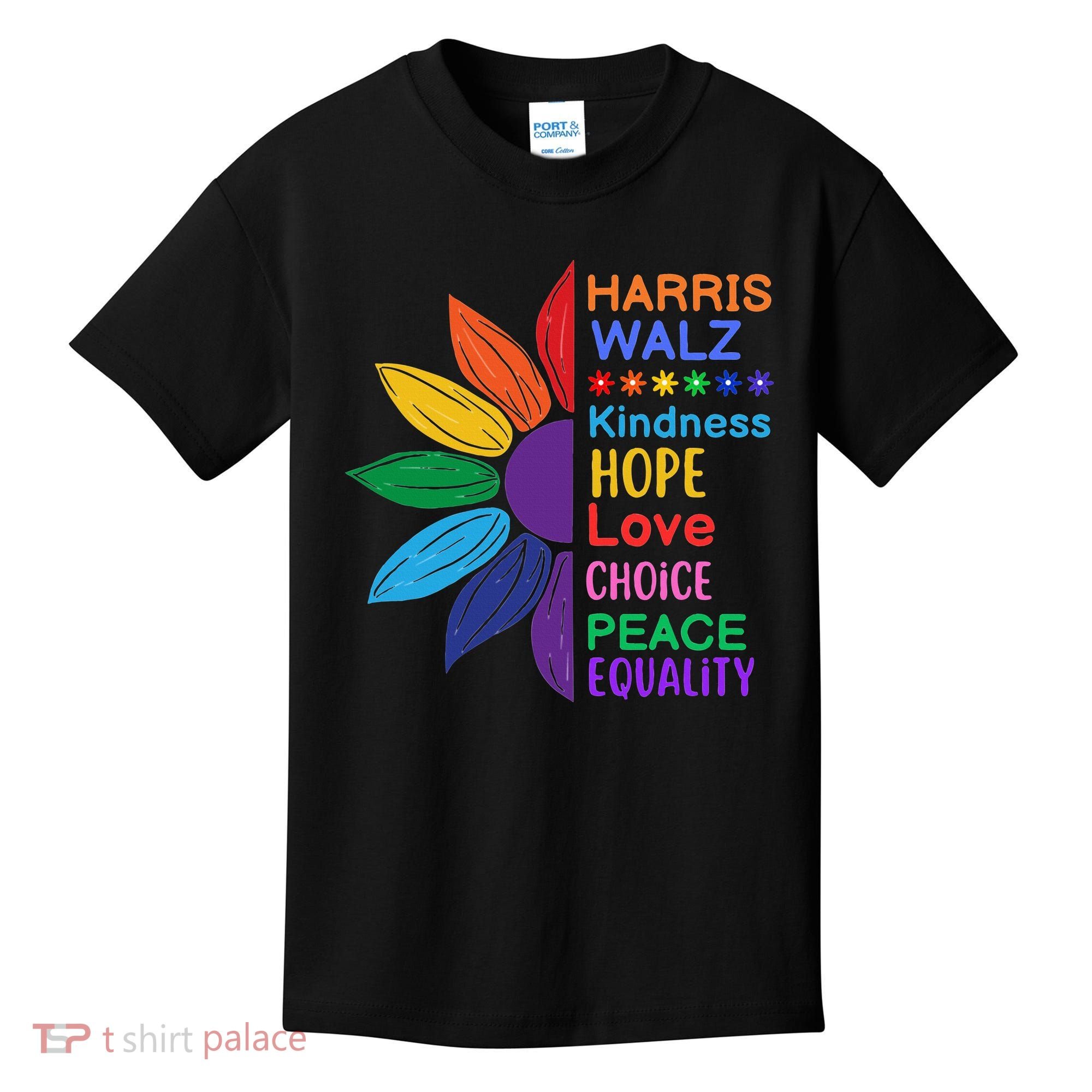 Harris Walz Diversity Rainbow Daisy Sunflower Vote Blue Kids T-Shirt