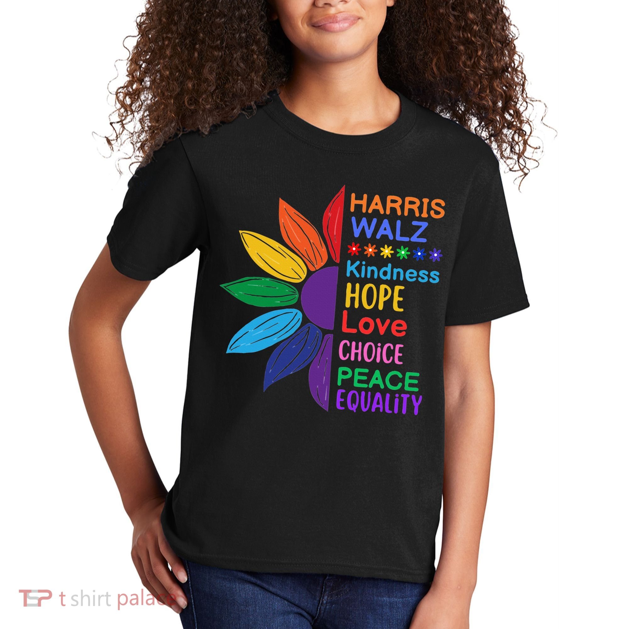 Harris Walz Diversity Rainbow Daisy Sunflower Vote Blue Kids T-Shirt