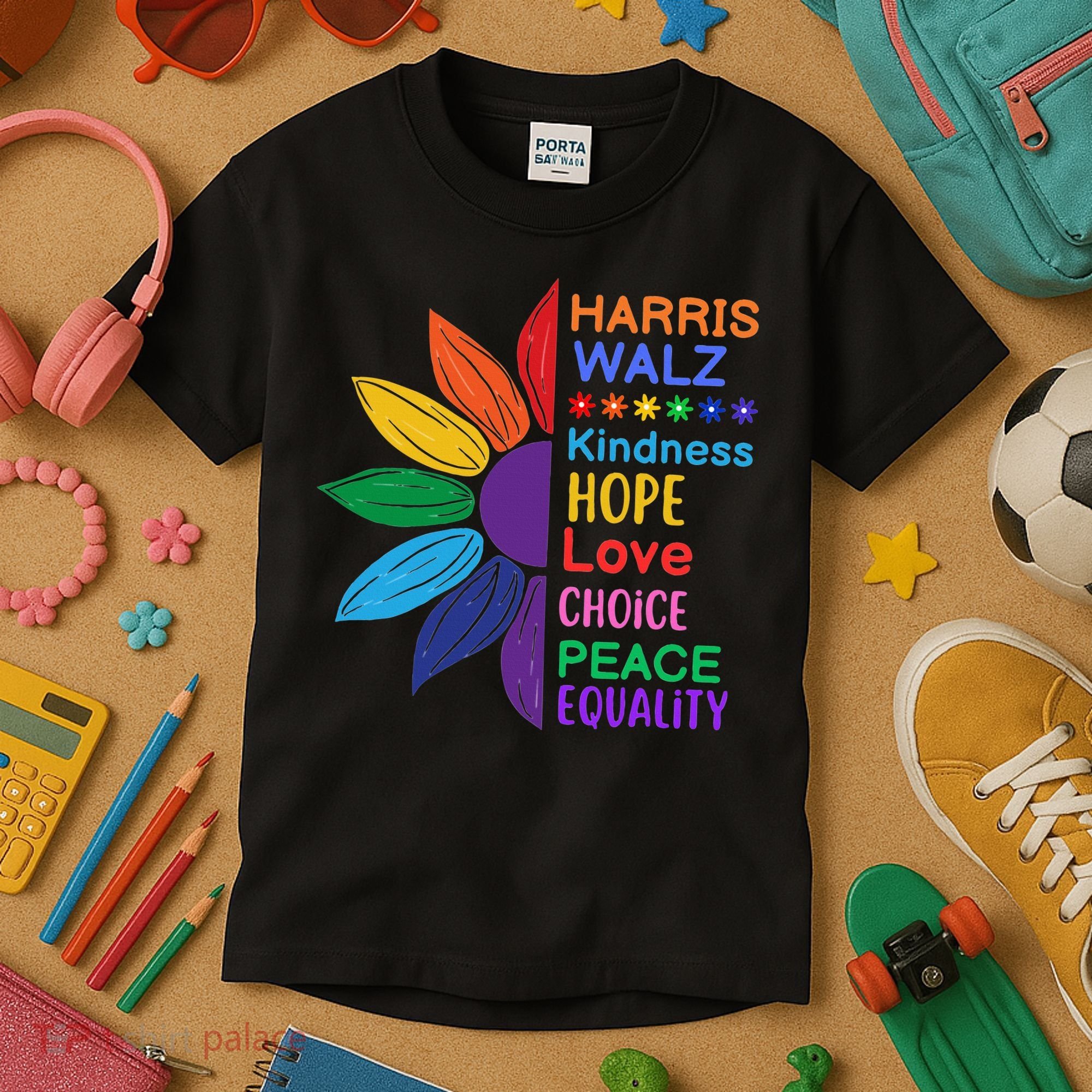Harris Walz Diversity Rainbow Daisy Sunflower Vote Blue Kids T-Shirt