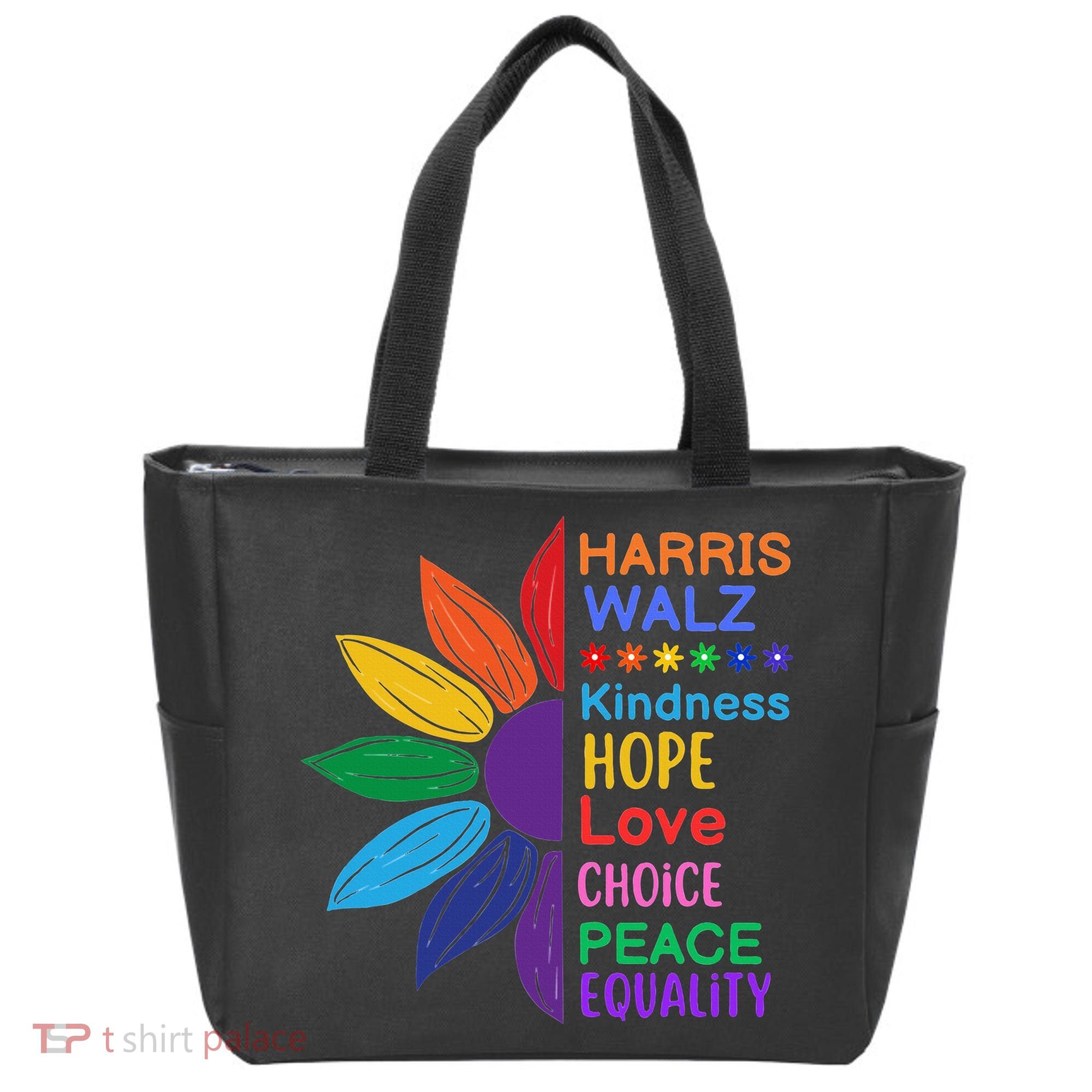 Harris Walz Diversity Rainbow Daisy Sunflower Vote Blue Tote Bag