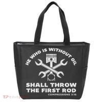 He Who Is Without Oil Shall Throw The First Rod Car Mechanic Tote Bag thumb 0