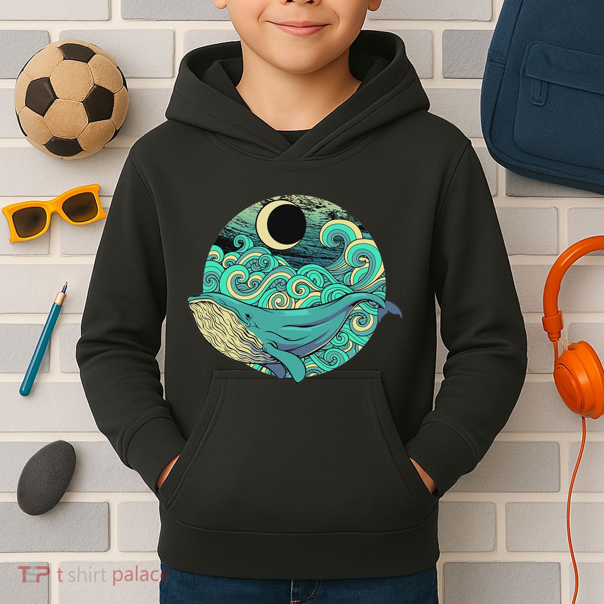 Humpback Whale Marine Life Ocean Nature Sea Blue Waves Moon Kids Hoodie