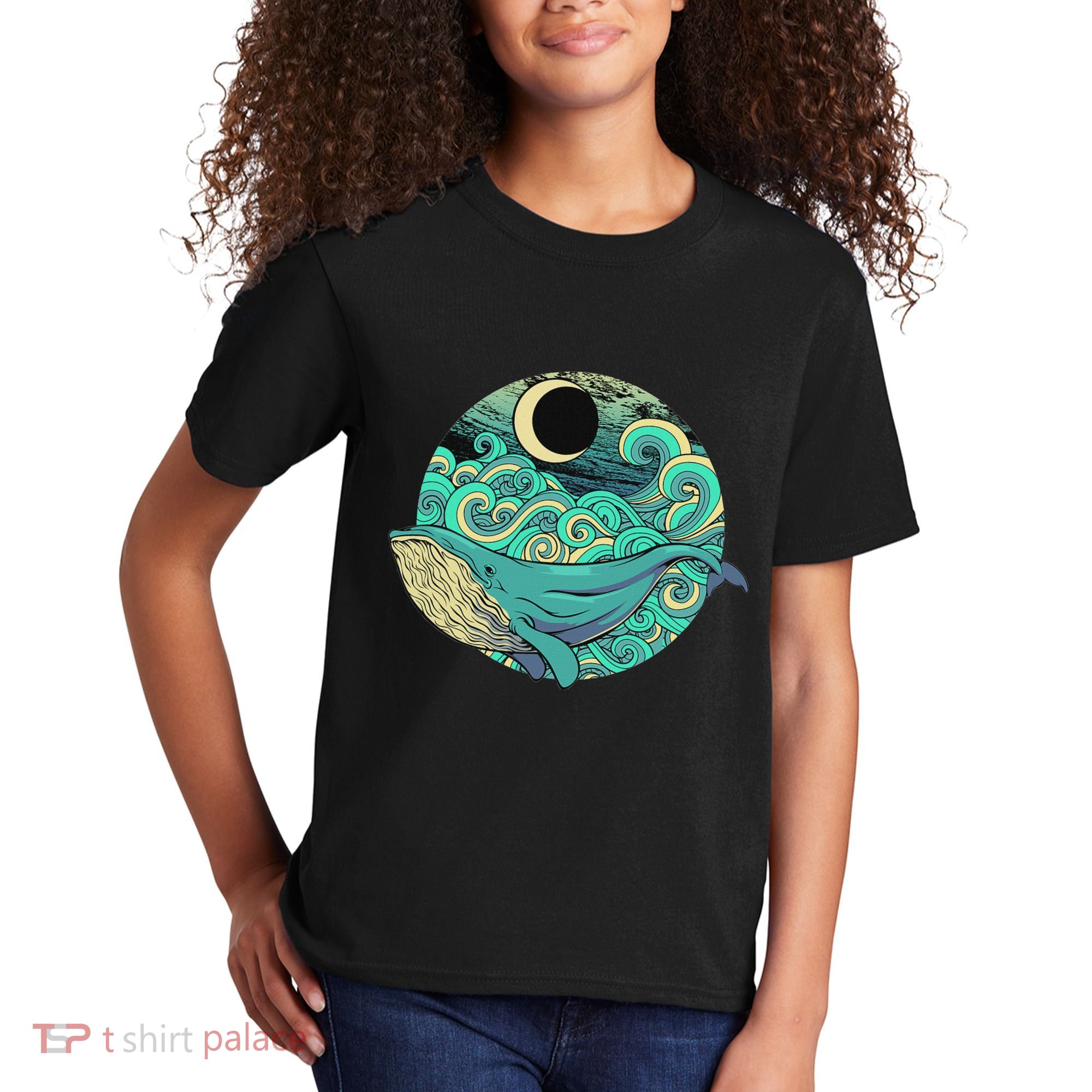 Humpback Whale Marine Life Ocean Nature Sea Blue Waves Moon Kids T-Shirt