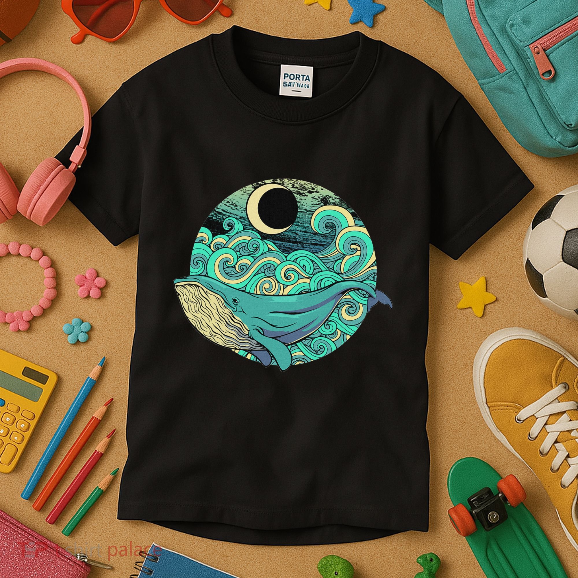 Humpback Whale Marine Life Ocean Nature Sea Blue Waves Moon Kids T-Shirt