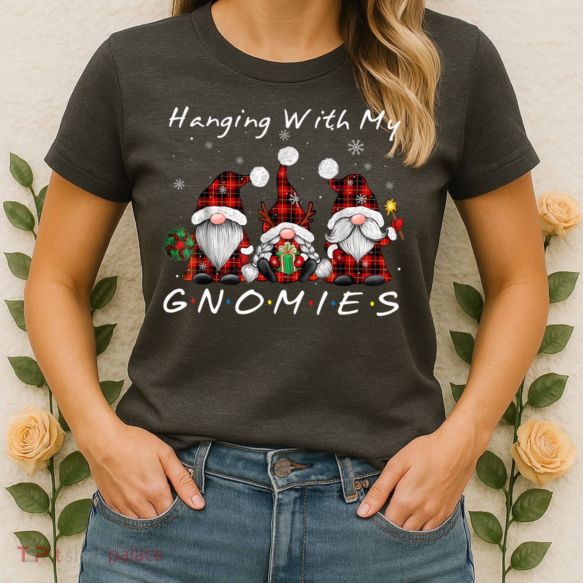 Hanging With My Gnomies Buffalo Red Plaid Christmas Gnome Women's T-Shirt