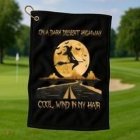 Halloween Witch Riding Brooms On A Dark Desert Highways Road Golf Towel thumb 1
